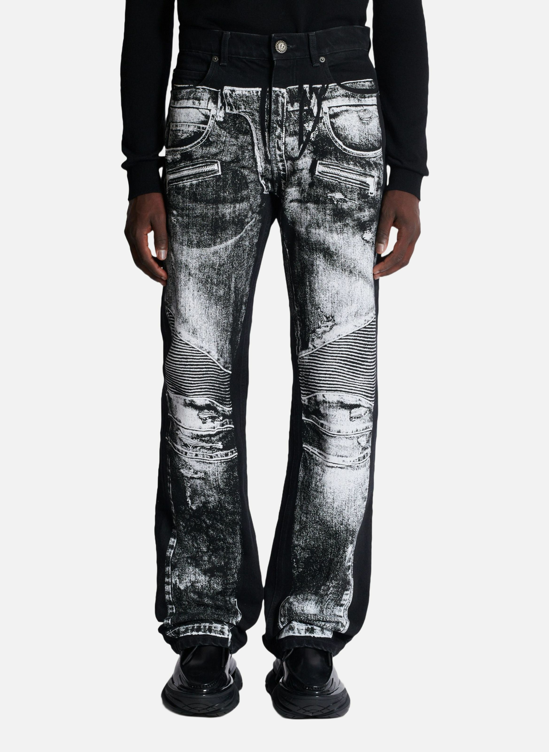 Jean loose en denim imprimé trompe-l'œil biker BALMAIN Noir