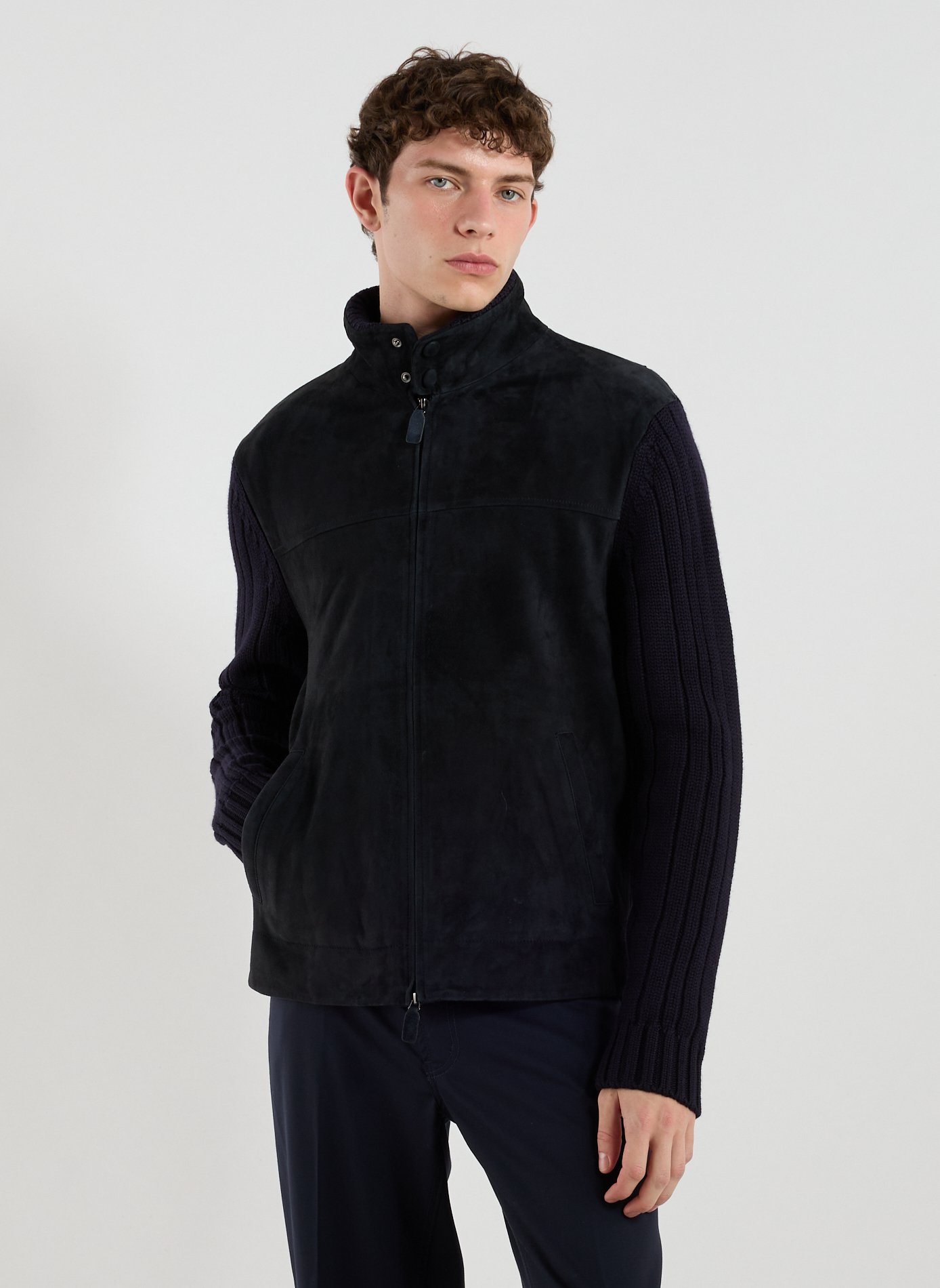 Suede bomber jacket in mixed wool and leather knit. EMPORIO ARMANI Blue
