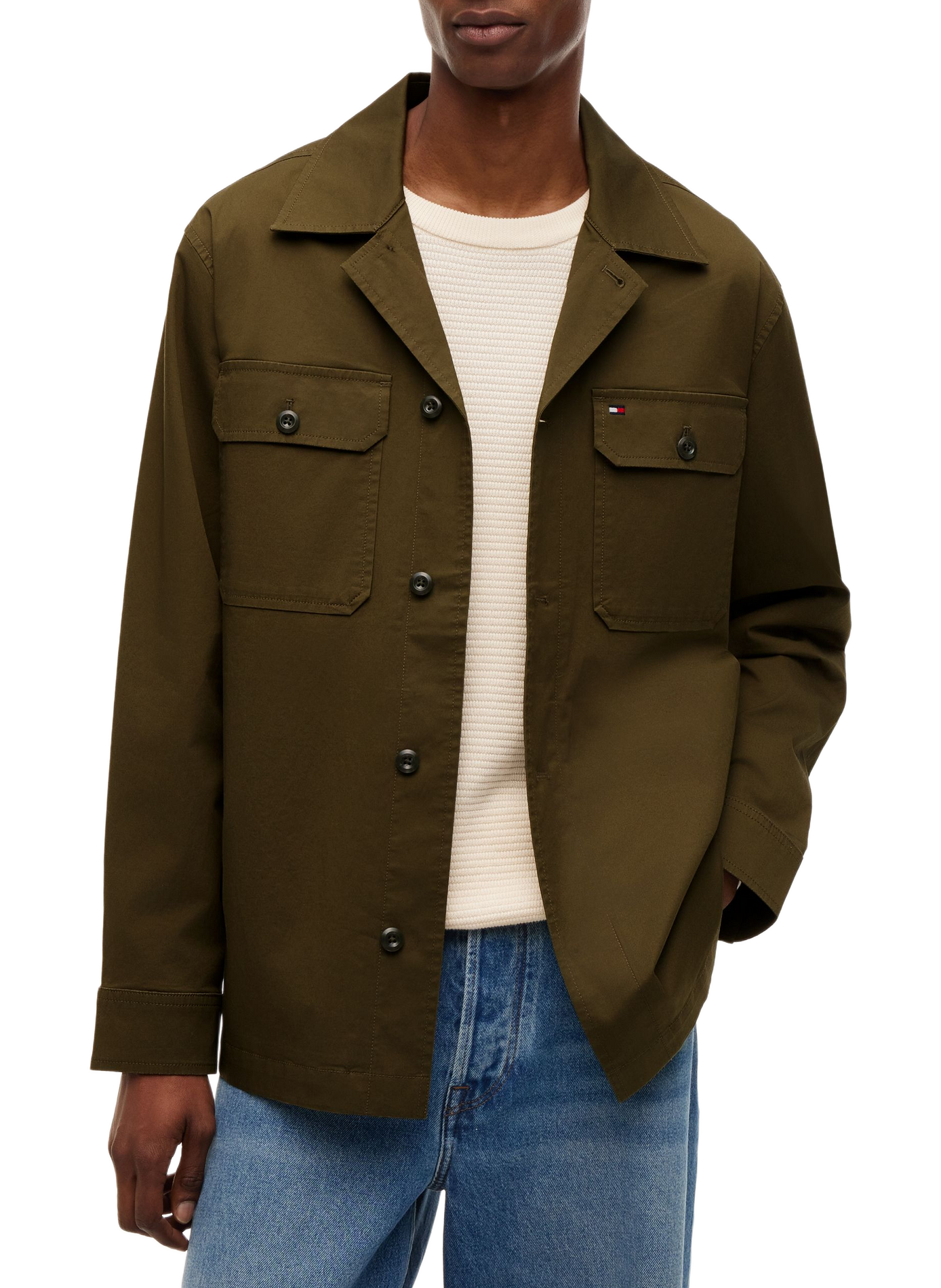 Veste chemise unie à logo brodé en coton mélangé TOMMY HILFIGER Kaki