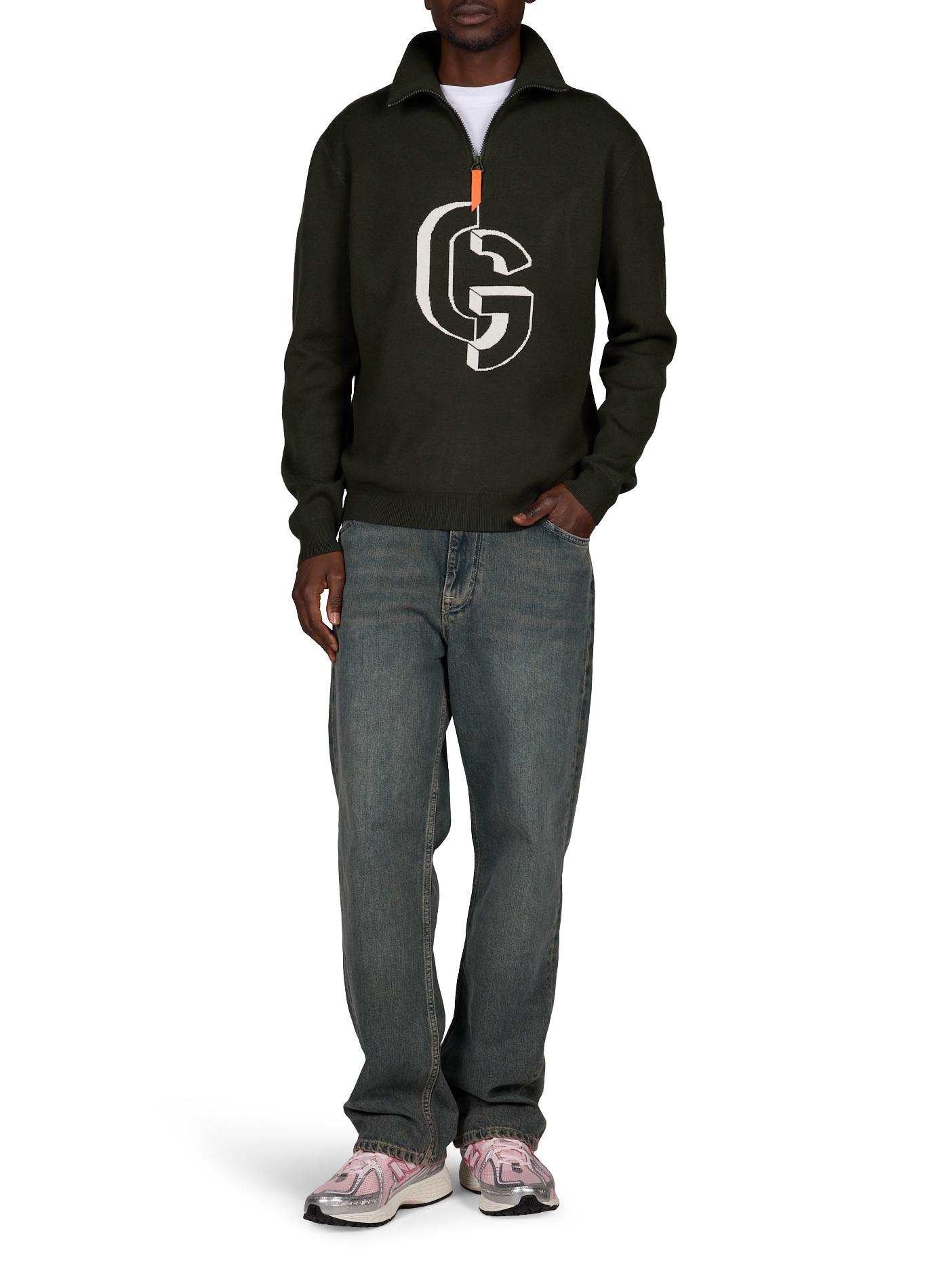 Straight-cut sweater with high collar and zippered pattern. GERTRUDE Green