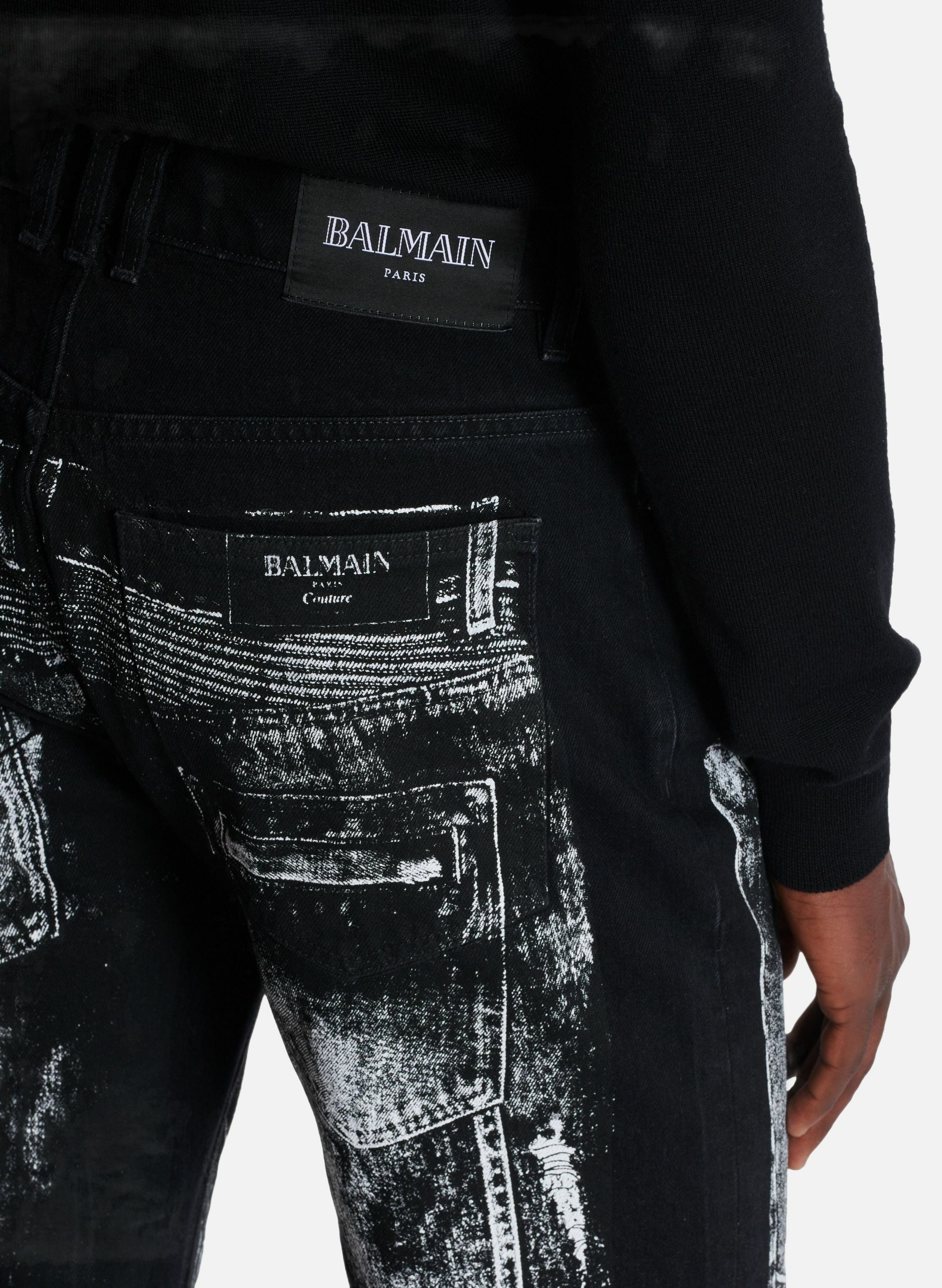 Jean loose en denim imprimé trompe-l'œil biker BALMAIN Noir
