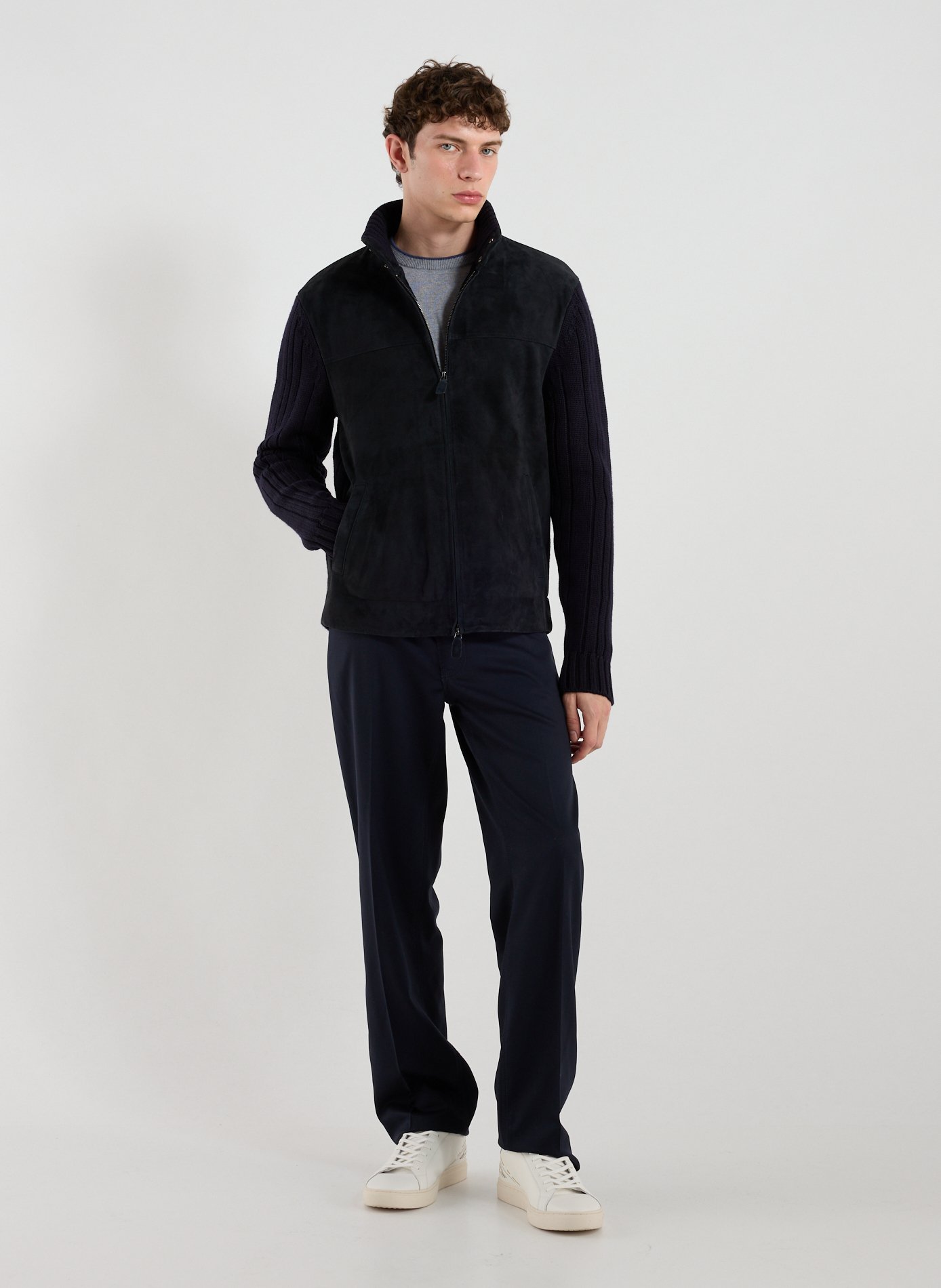 Blouson suédé et maille en laine et cuir mélangés Bleu by EMPORIO ARMANI EMPORIO ARMANI Blouson suédé et maille en laine et cuir mélangés Bleu