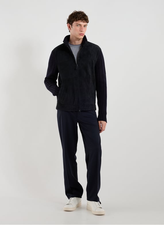 Blouson suédé et maille en laine et cuir mélangés | Bleu by EMPORIO ARMANI Blouson suédé et maille en laine et cuir mélangés Bleu