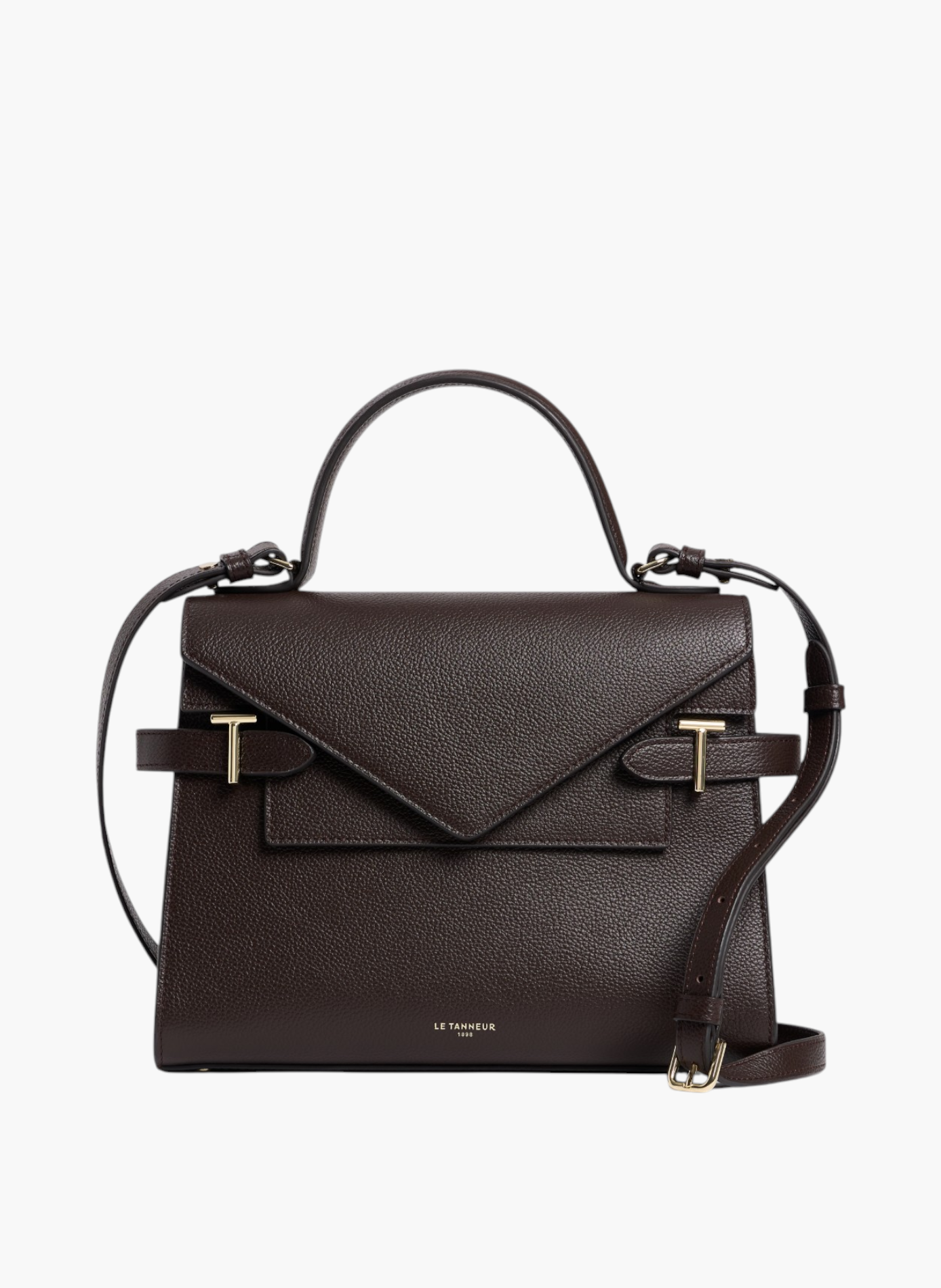 Sac à main double rabat moyen modèle emilie en cuir grainé LE TANNEUR Marron