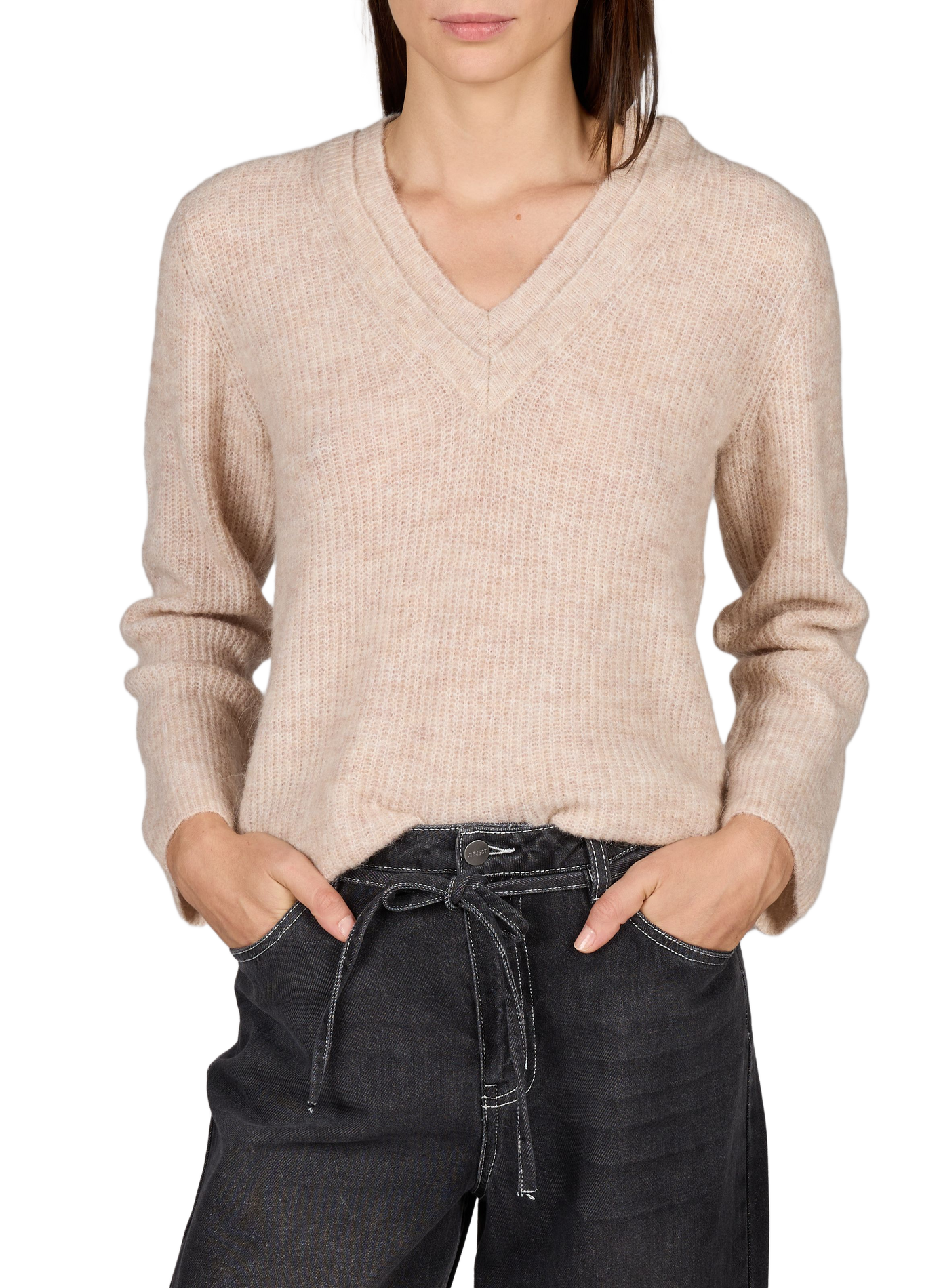 V-neck knitted sweater | Beige OBJECT Women