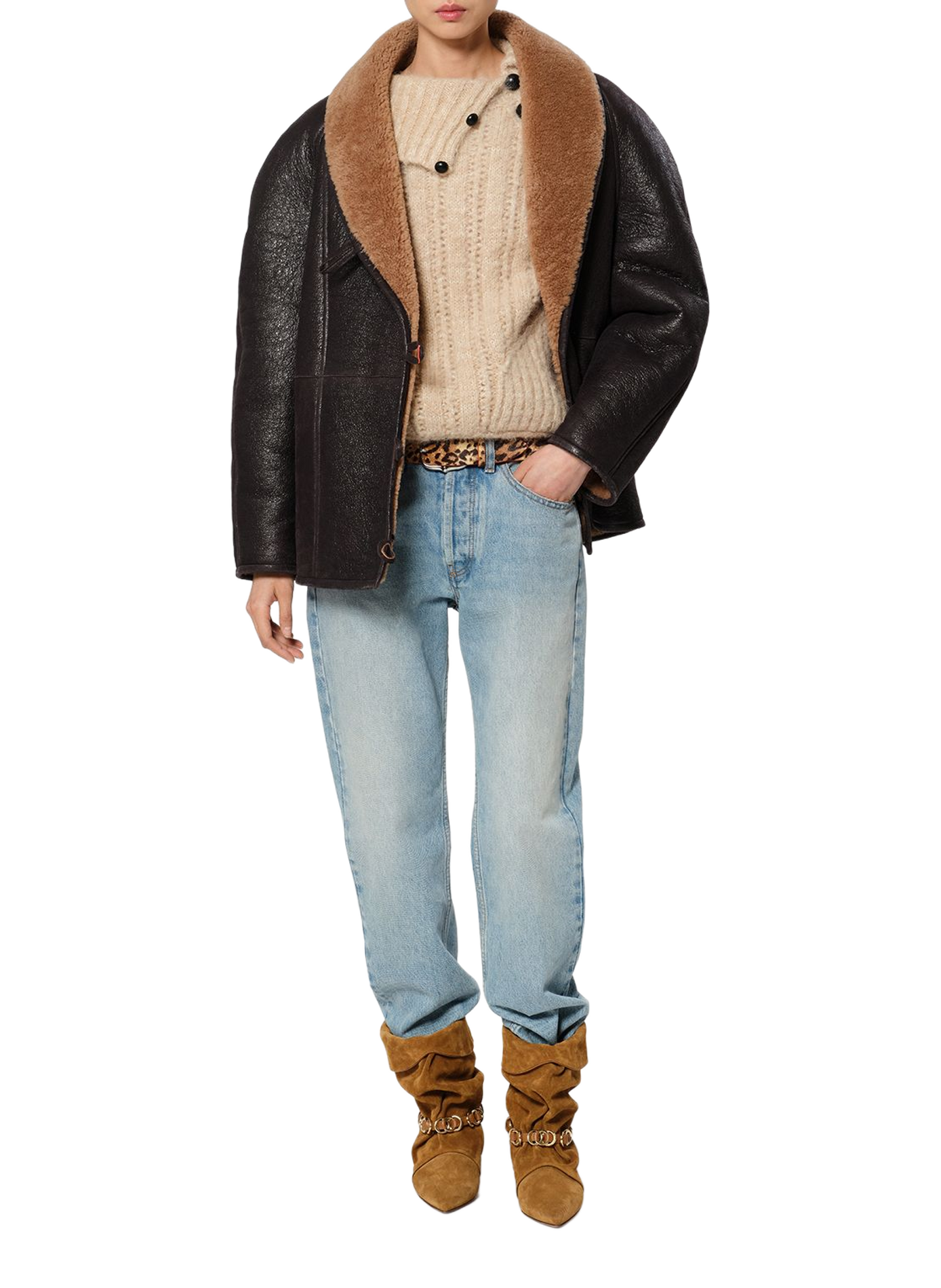 Camber-jas met wollen kraag van omgekeerd schapenleer ISABEL MARANT Bruin