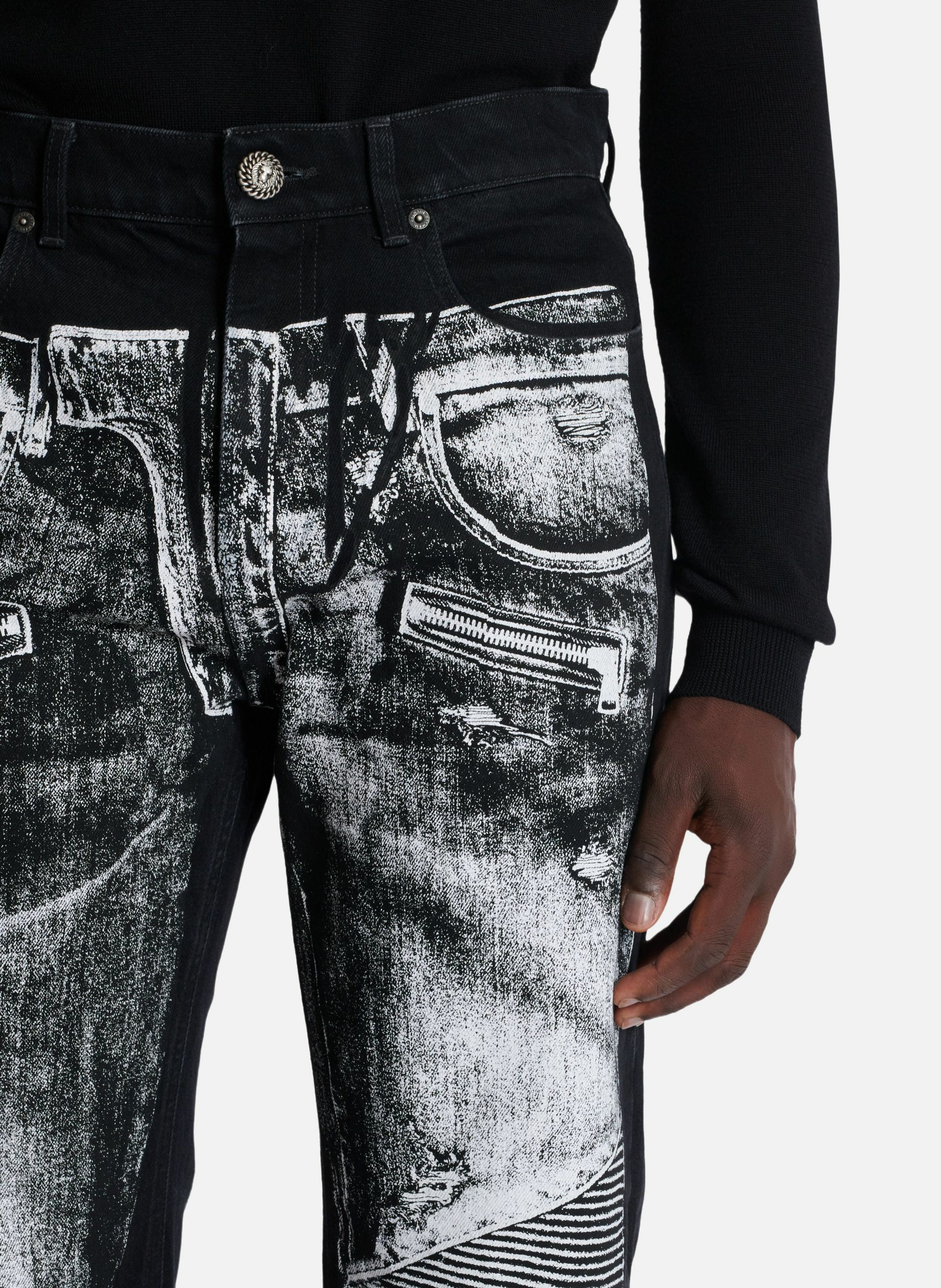 Jean loose en denim imprimé trompe-l'œil biker BALMAIN Noir