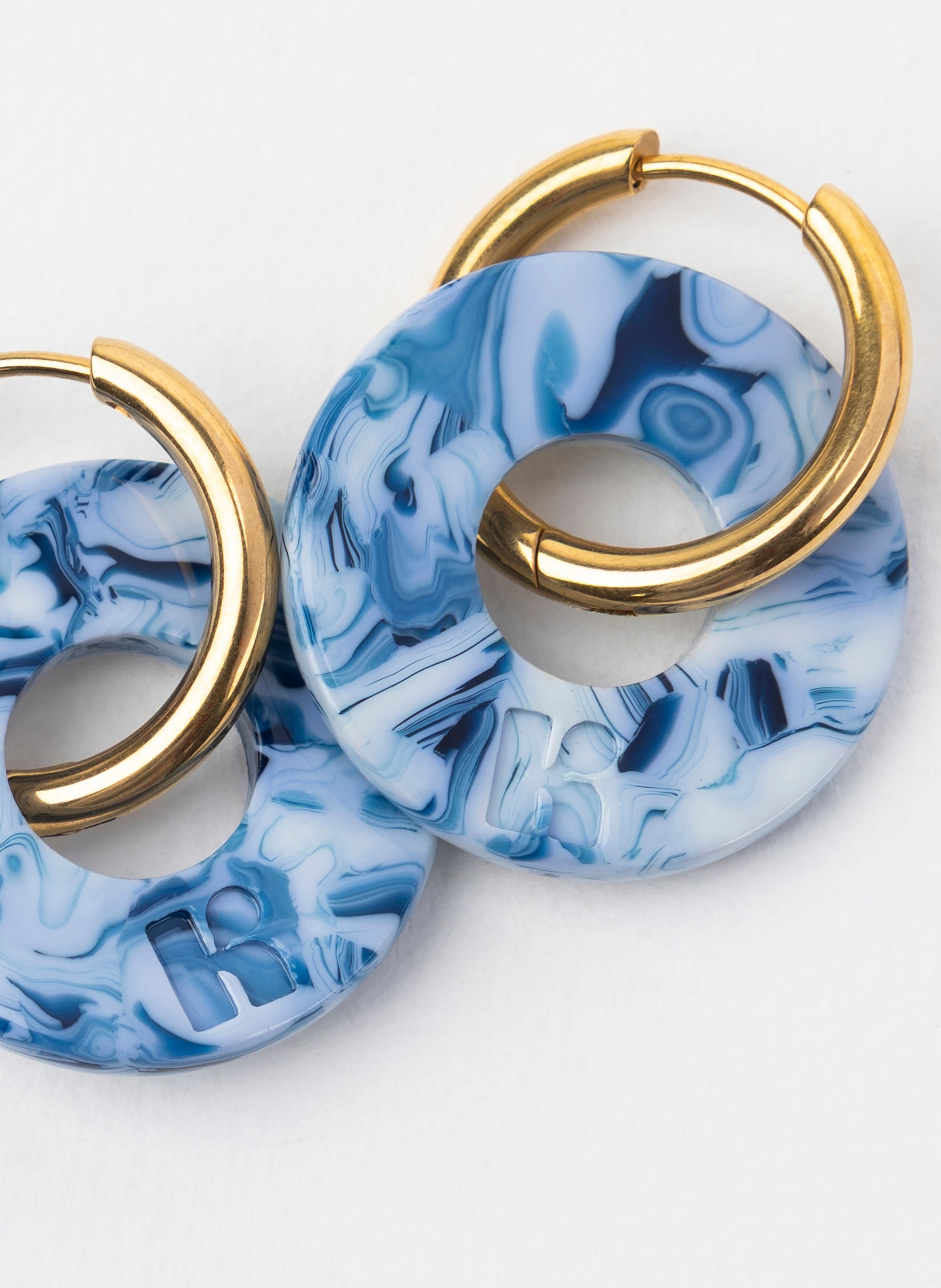 Boucles d'oreilles donuts avec anneaux en acier inoxydable doré Bleu