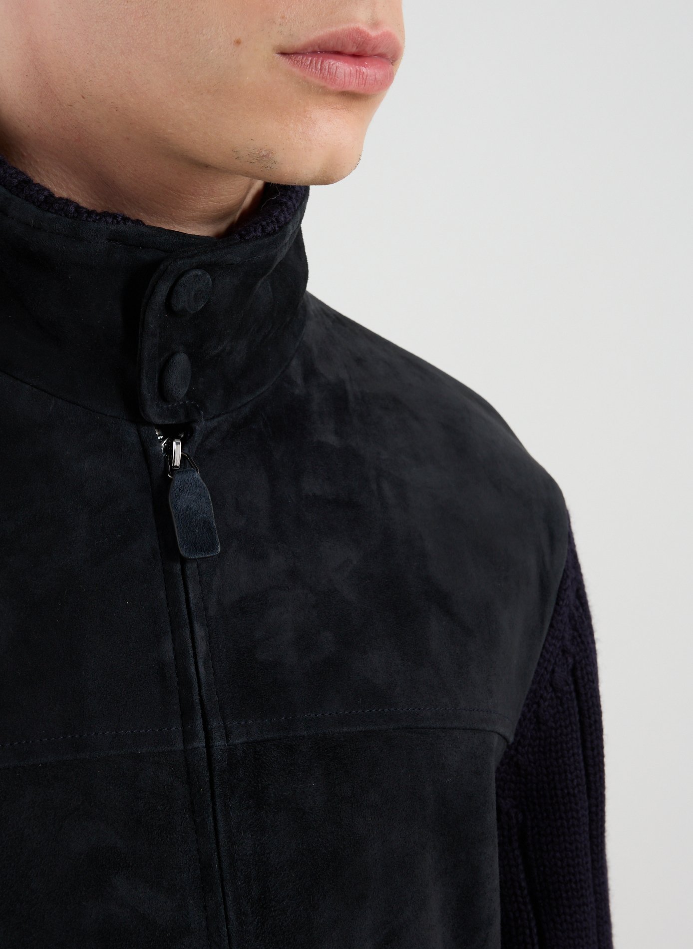 Suede bomber jacket in mixed wool and leather knit. EMPORIO ARMANI Blue