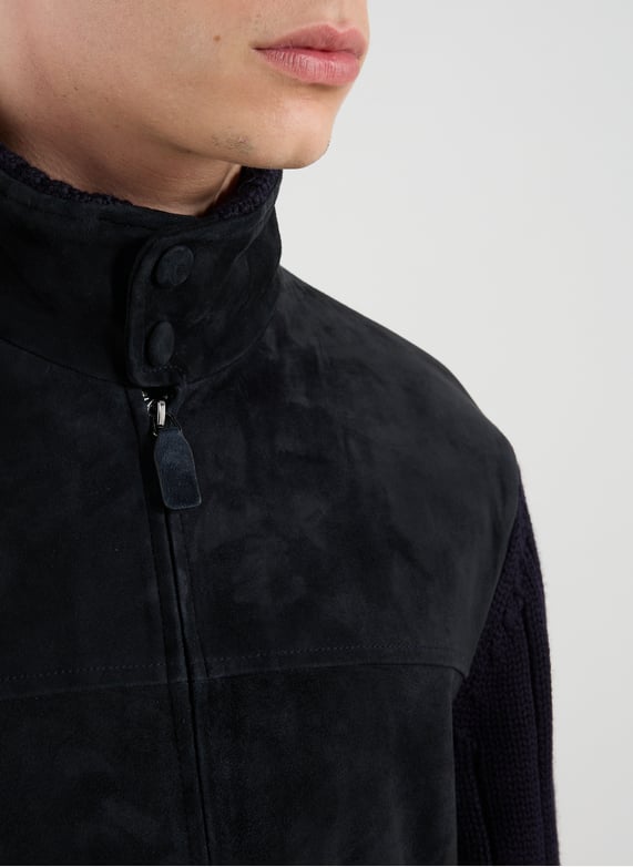 Blouson suédé et maille en laine et cuir mélangés | Bleu by EMPORIO ARMANI Blouson suédé et maille en laine et cuir mélangés Bleu