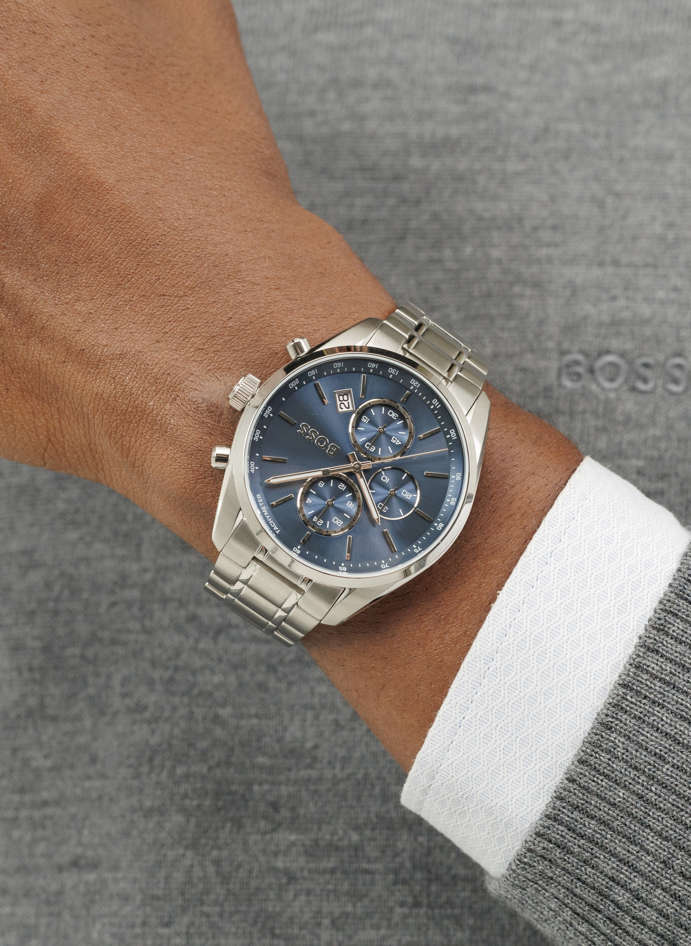 Montre quartz Grand prix 44 en acier inoxydable BOSS MONTRES Bleu