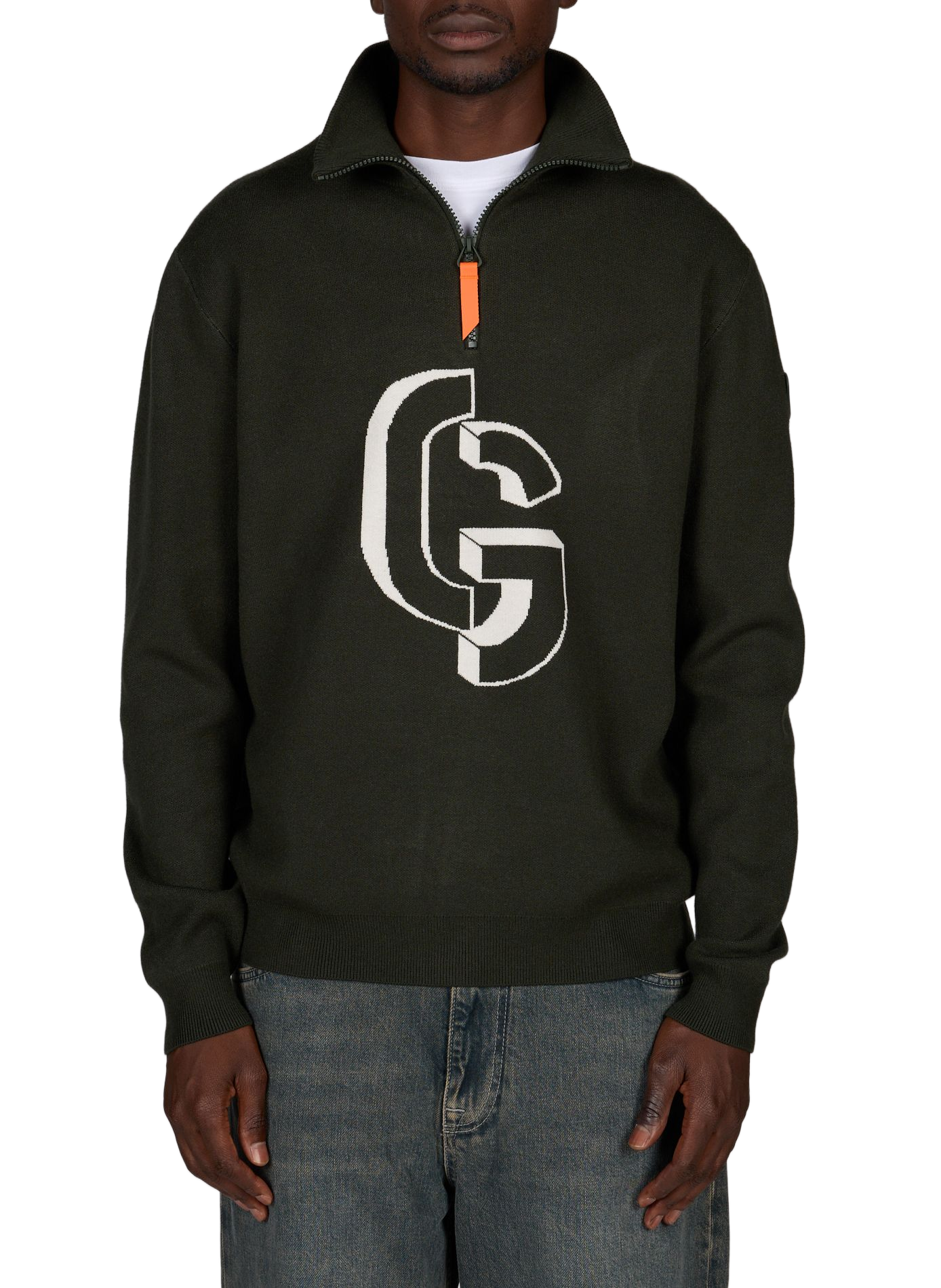 Straight-cut sweater with high collar and zippered pattern. GERTRUDE Green