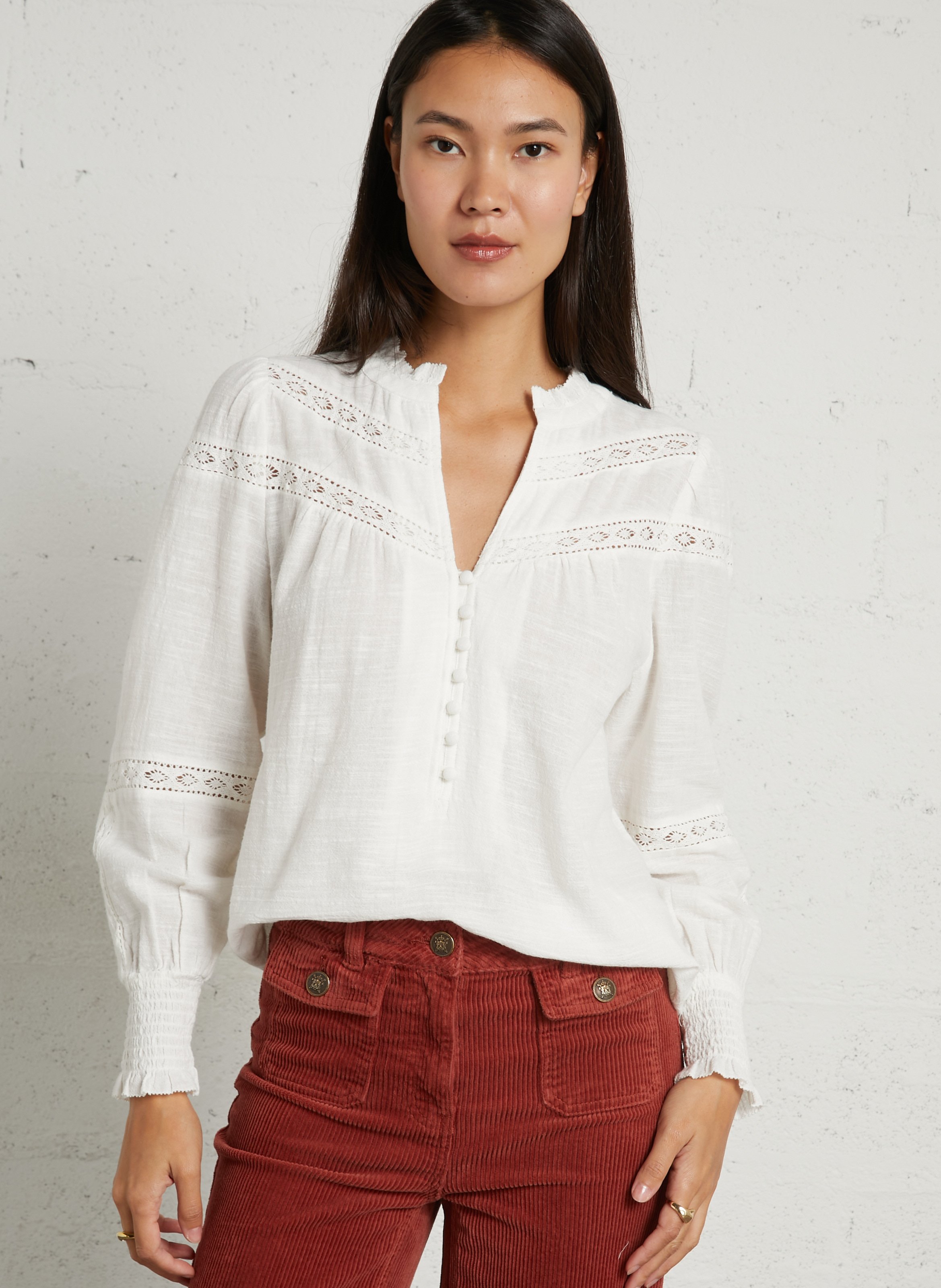 Blouse ample à détails brodés en coton magnolia MAISON 123 Beige