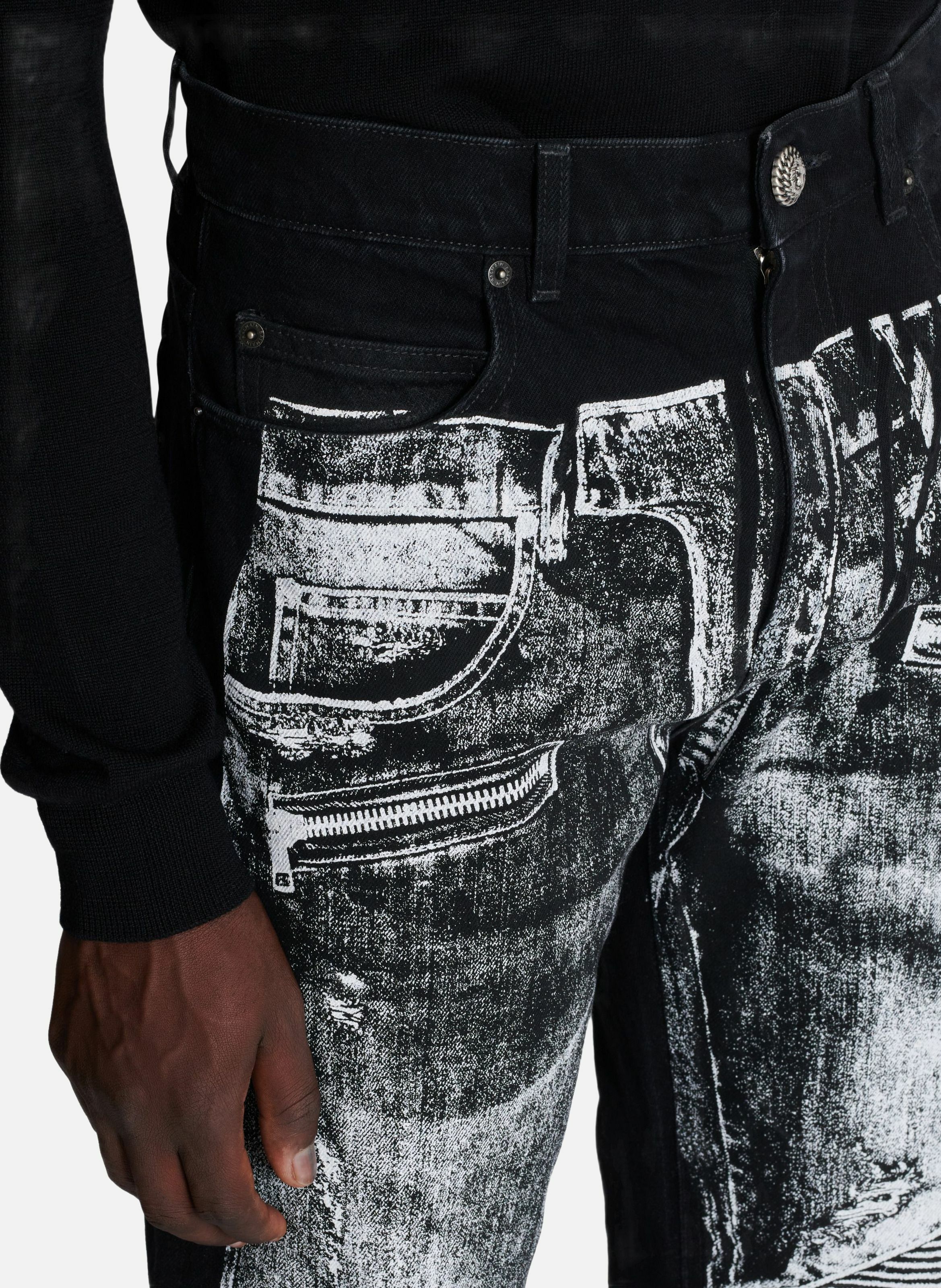 Jean loose en denim imprimé trompe-l'œil biker BALMAIN Noir