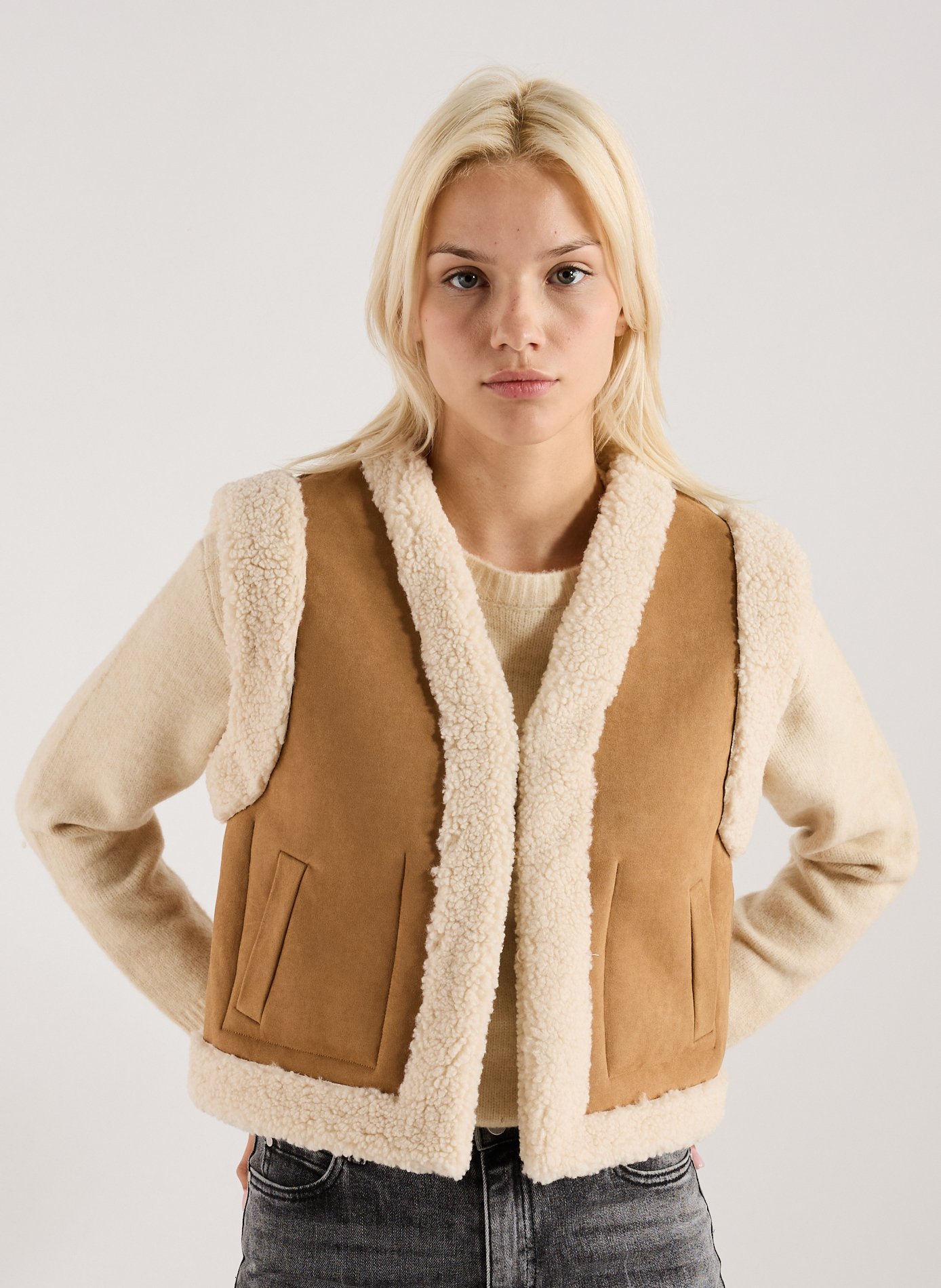 SUNCOO Veste droite réversible sherpa et velours Marron