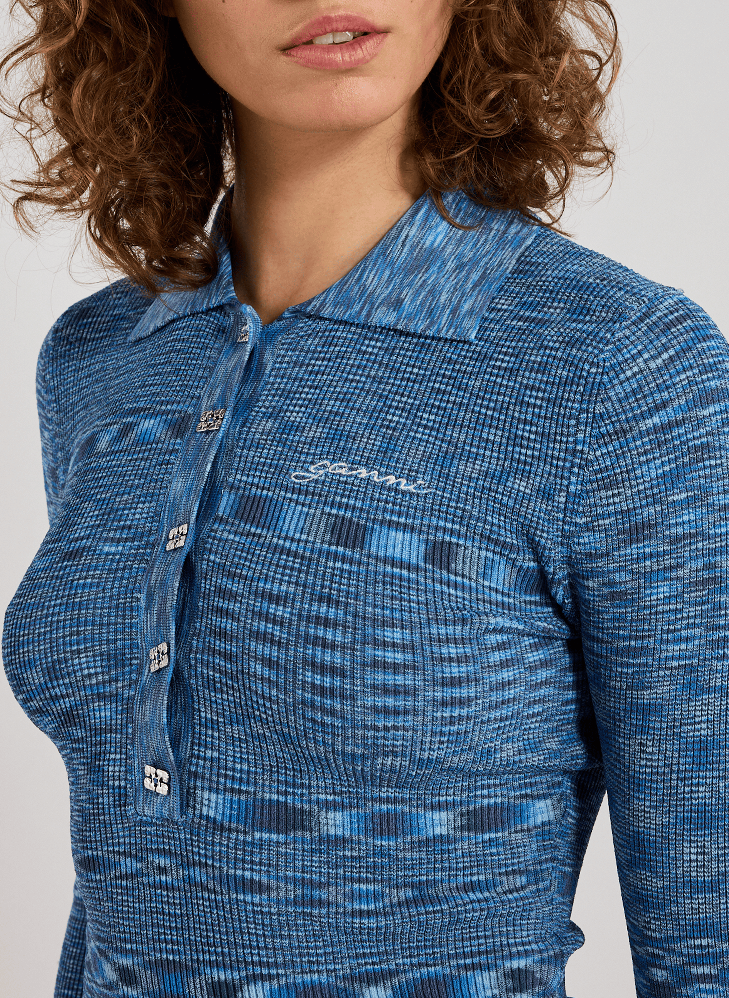 Printed long-sleeve polo GANNI Blue