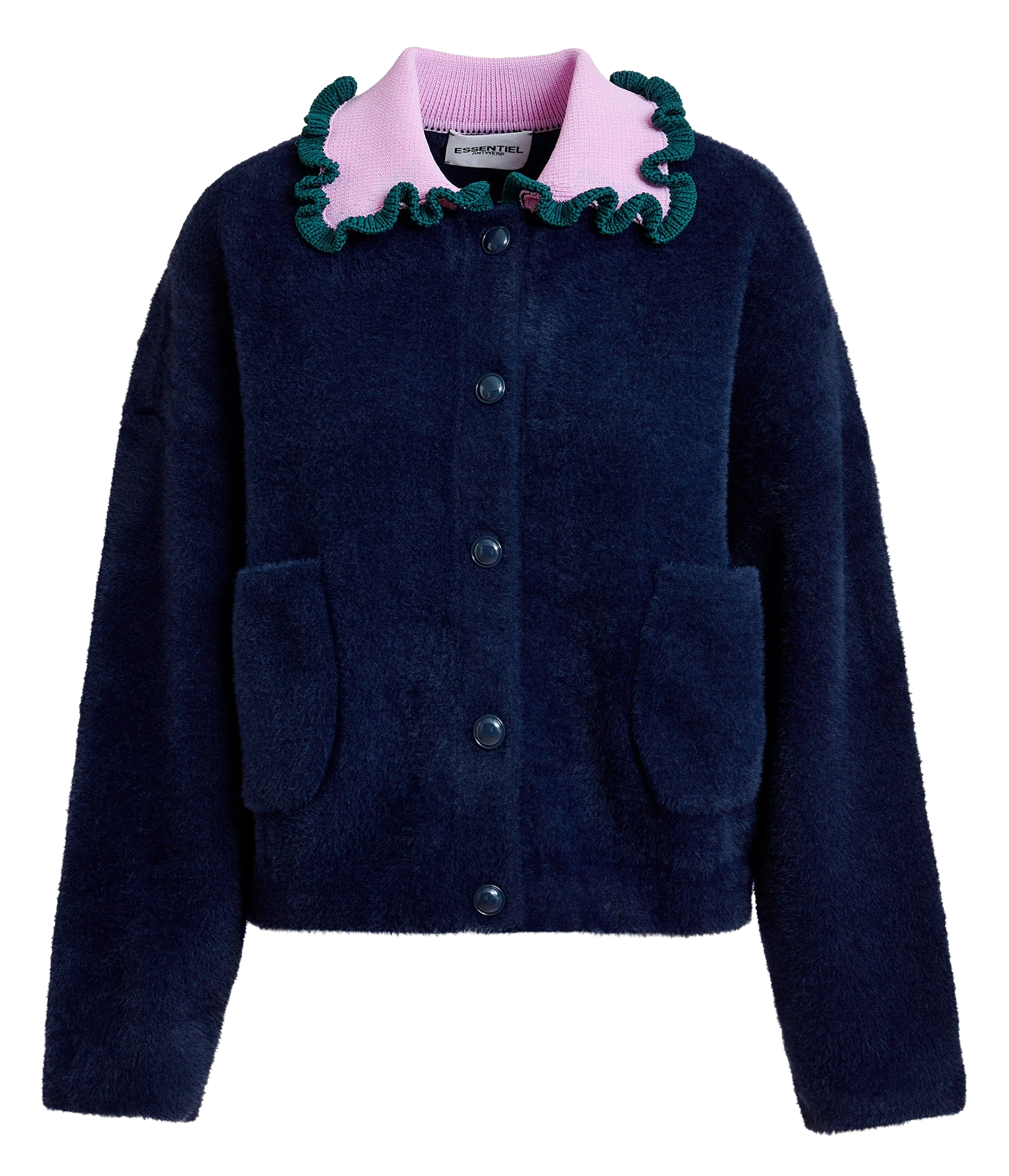 Cardigan droit col classique en maille jardener ESSENTIEL ANTWERP Bleu