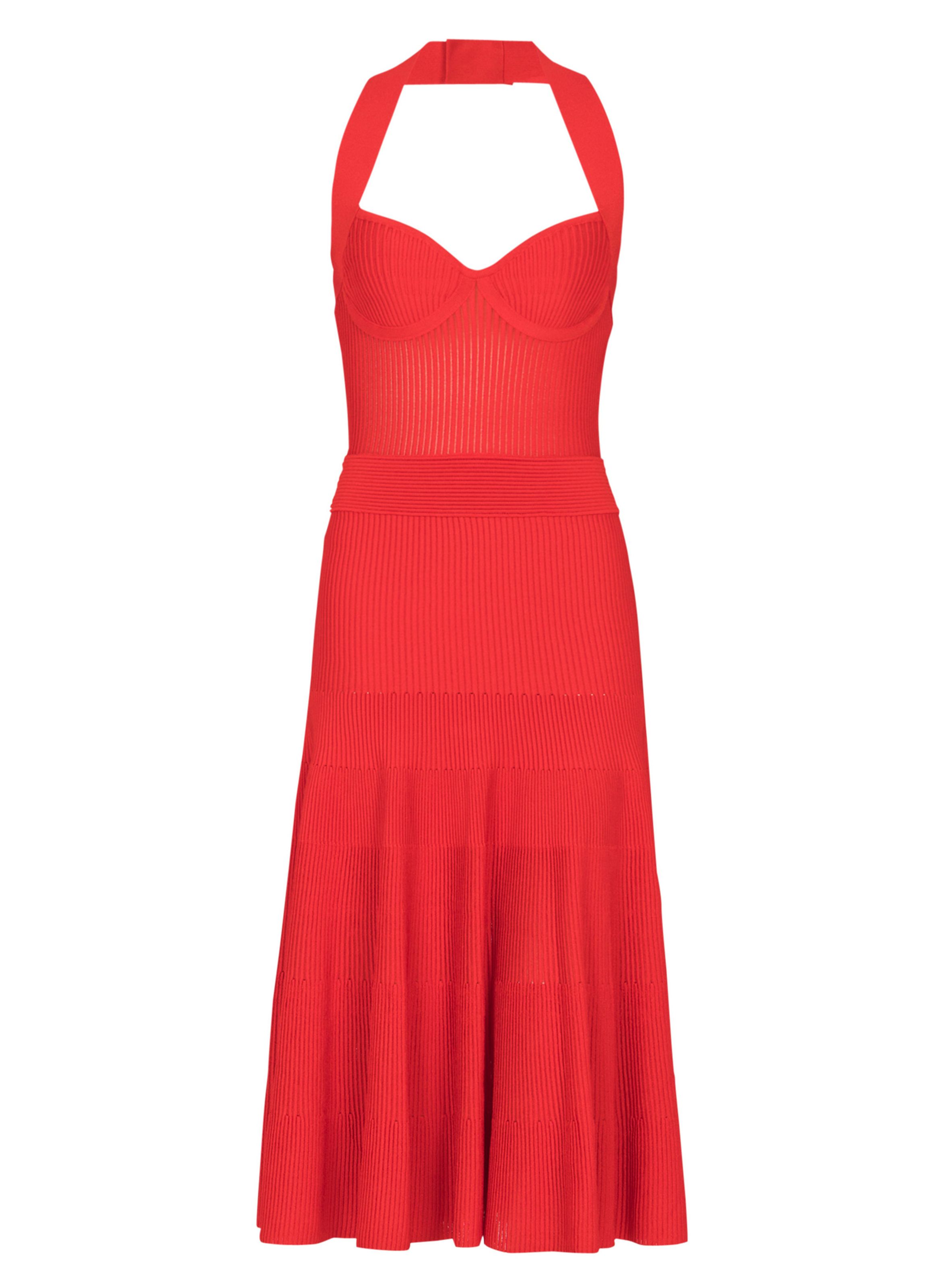 Robe midi plissée sans manche en maille BALMAIN Rouge
