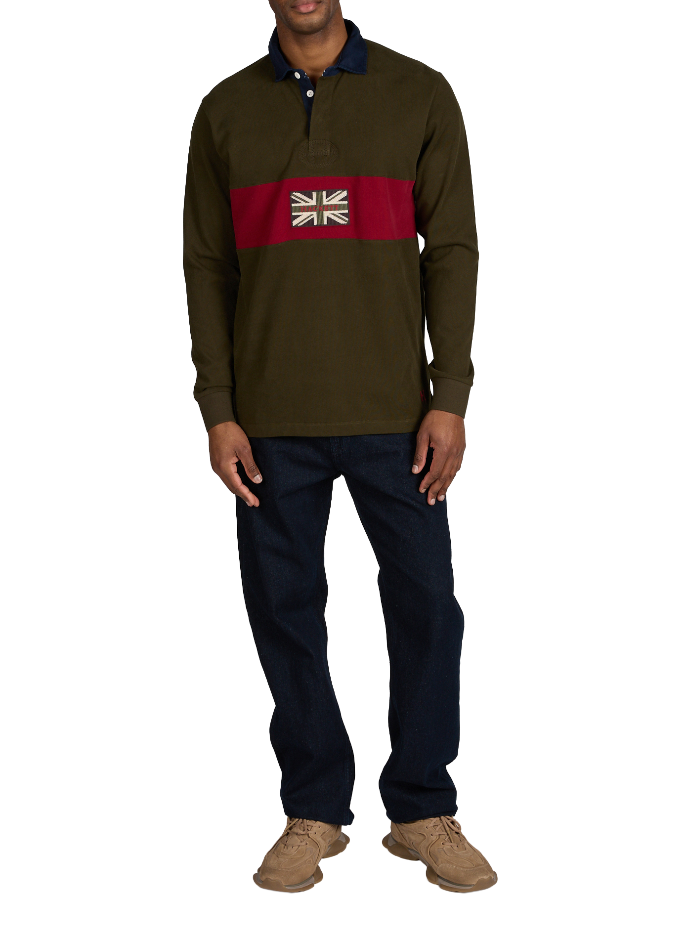 Polo rayé à manches longues en coton HACKETT Kaki