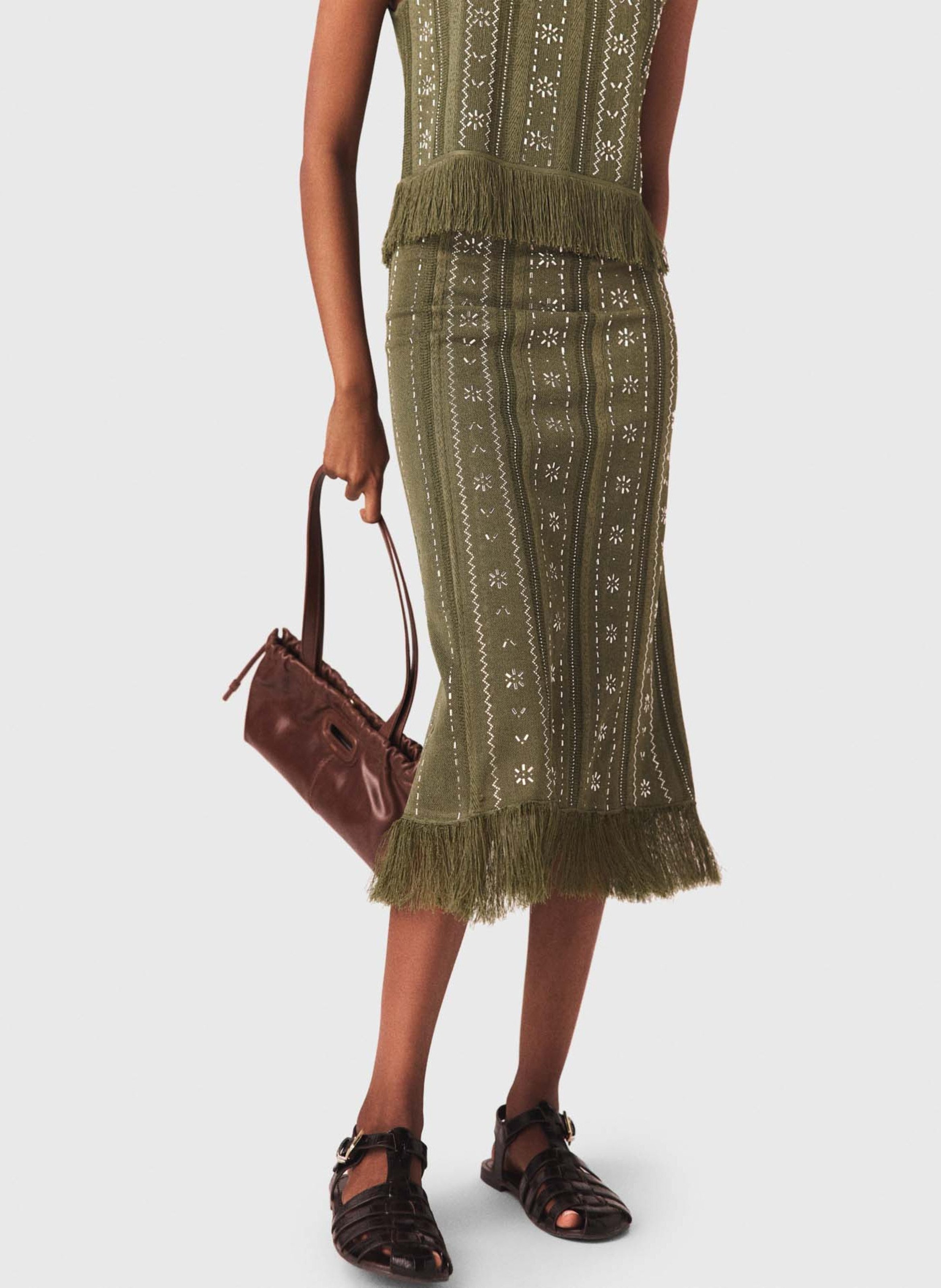 Jupe en maille avec fleurs strassé MAJE Kaki