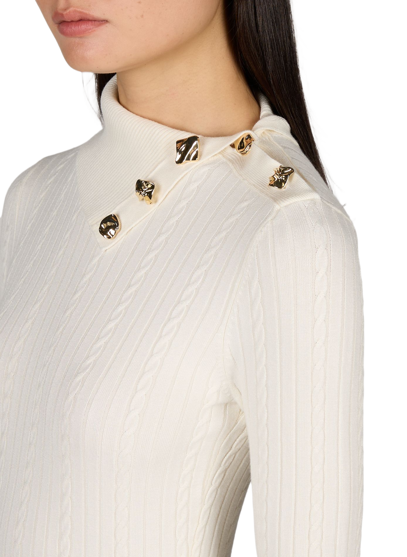 Midi geribbelde jurk met asymmetrische kraag GUESS Beige