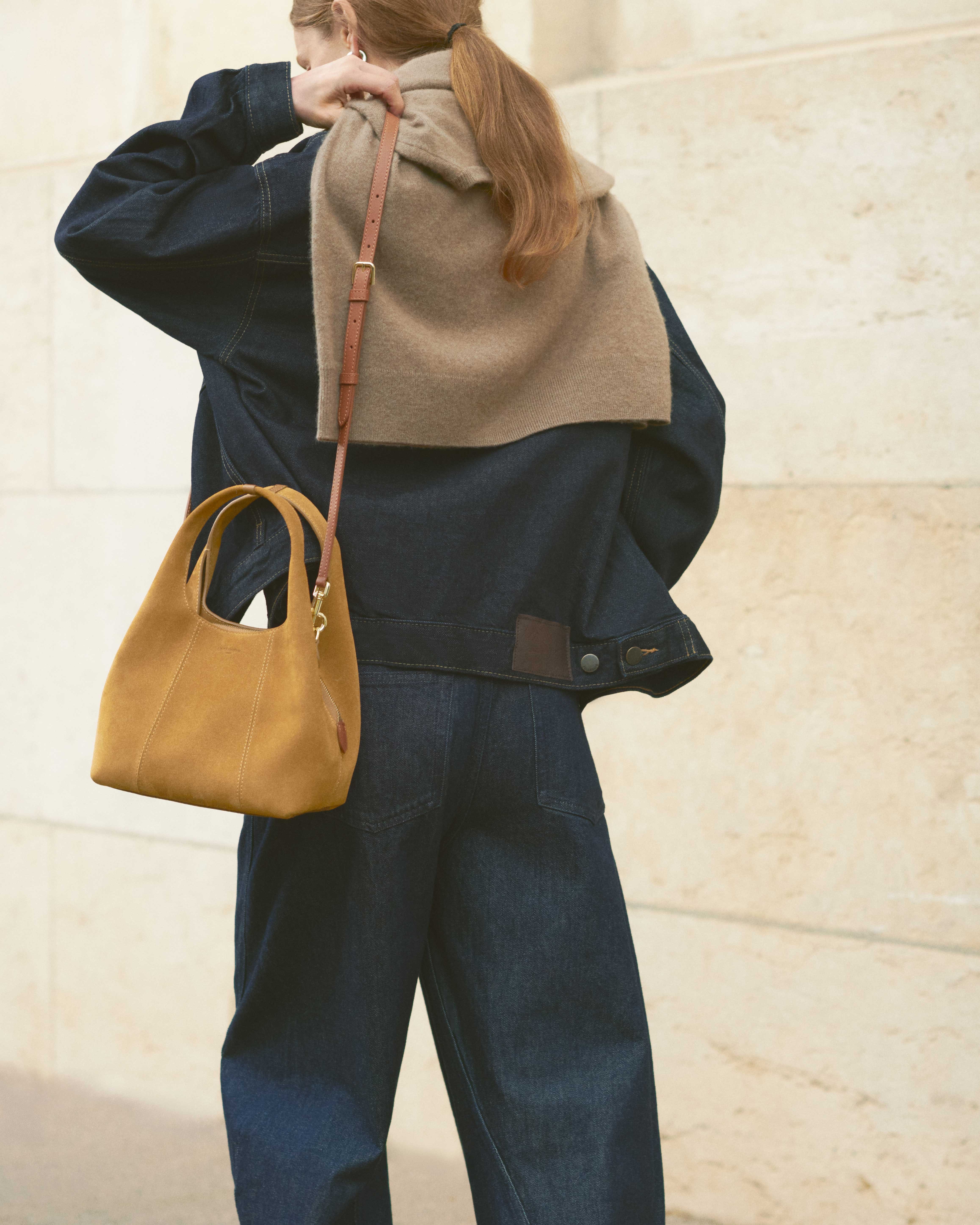 Petit sac à main juliette en cuir refente de velours LE TANNEUR Marron
