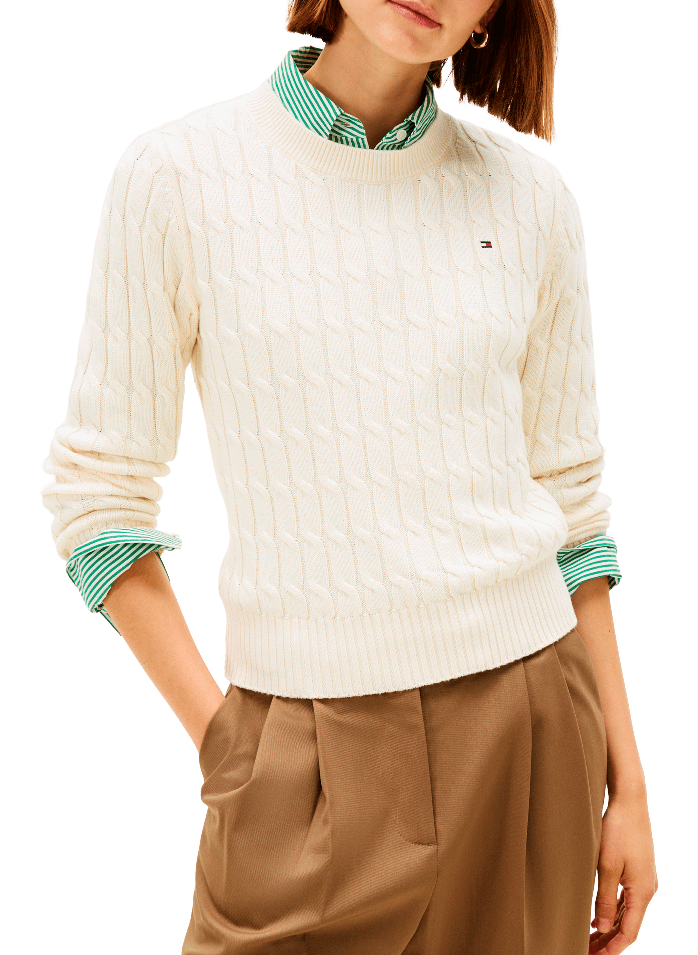 Straight round neck sweater in ribbed cotton knit TOMMY HILFIGER Beige