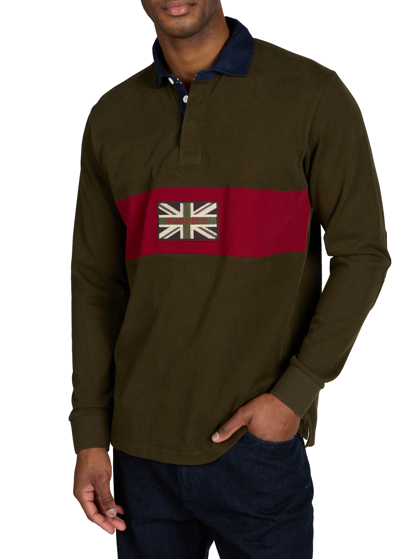 Polo rayé à manches longues en coton HACKETT Kaki