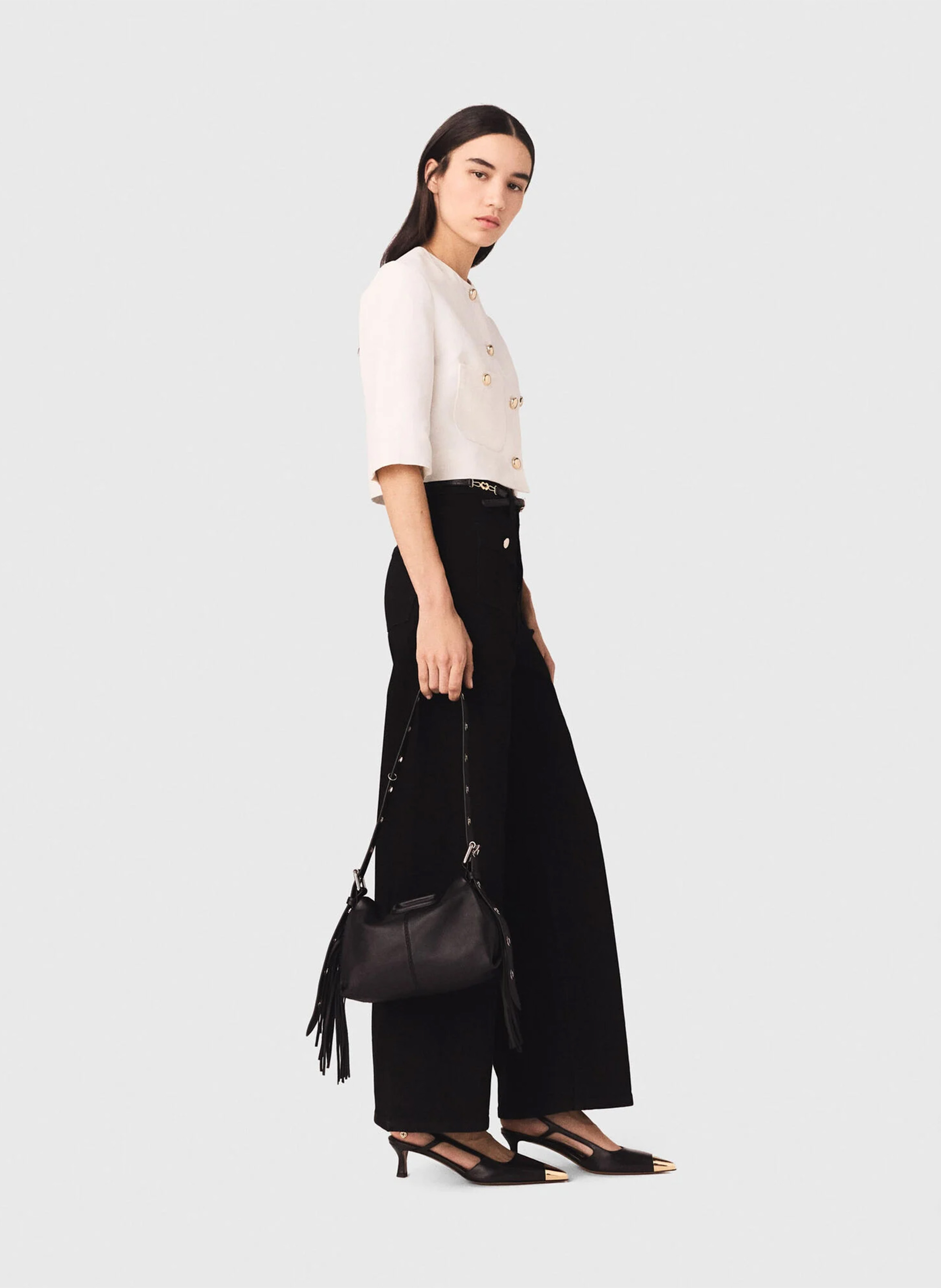 Jean flare taille haute en coton mélangé MAJE Noir