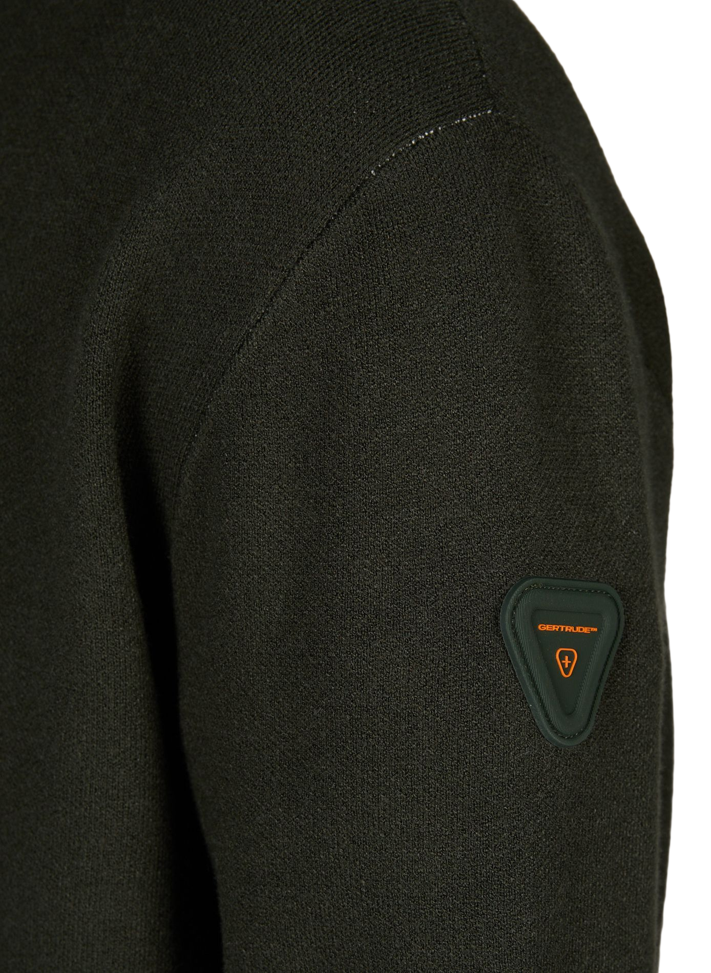 Straight-cut sweater with high collar and zippered pattern. GERTRUDE Green