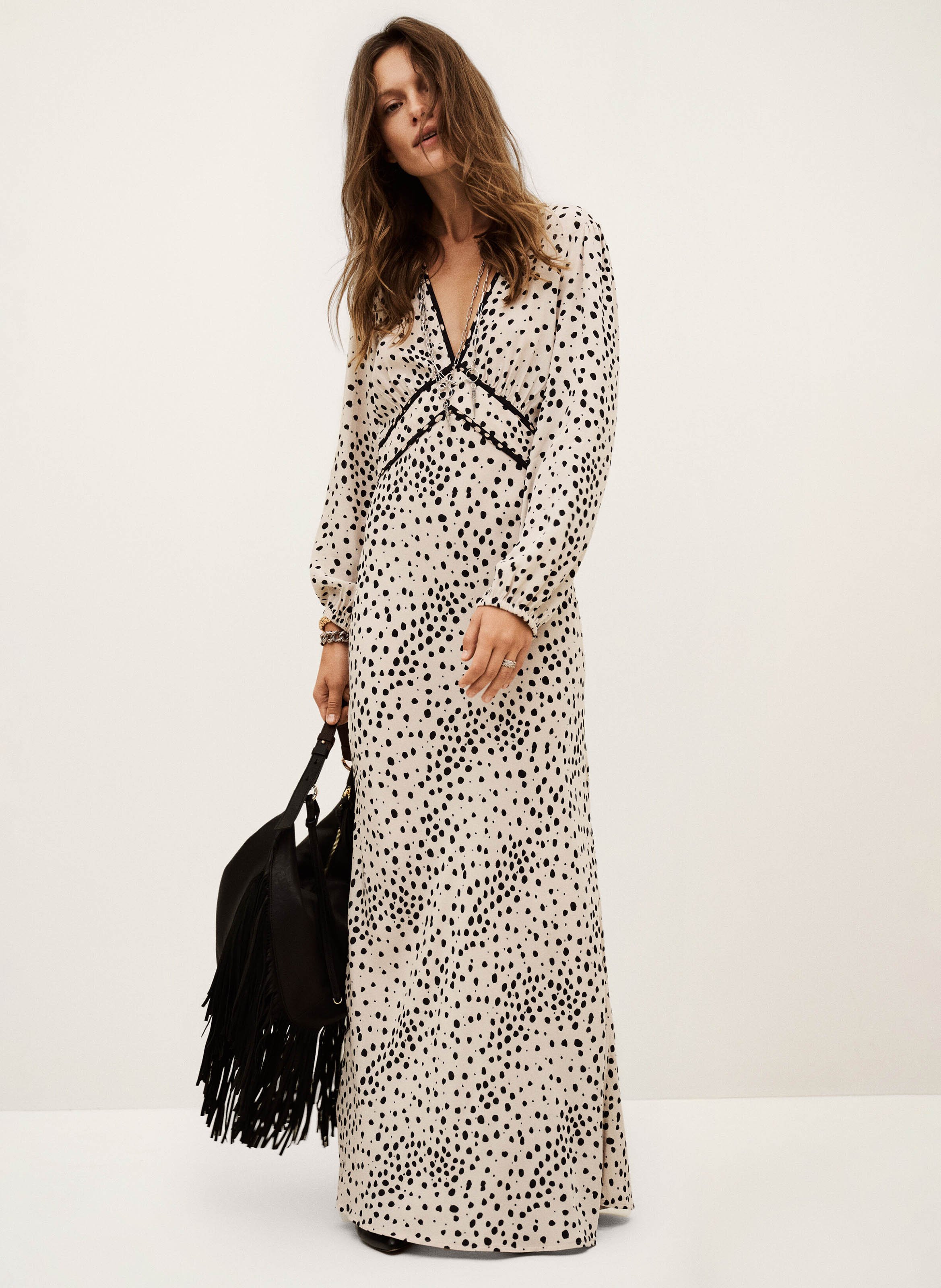 BA&SH Robe longue col v à pois derby Beige