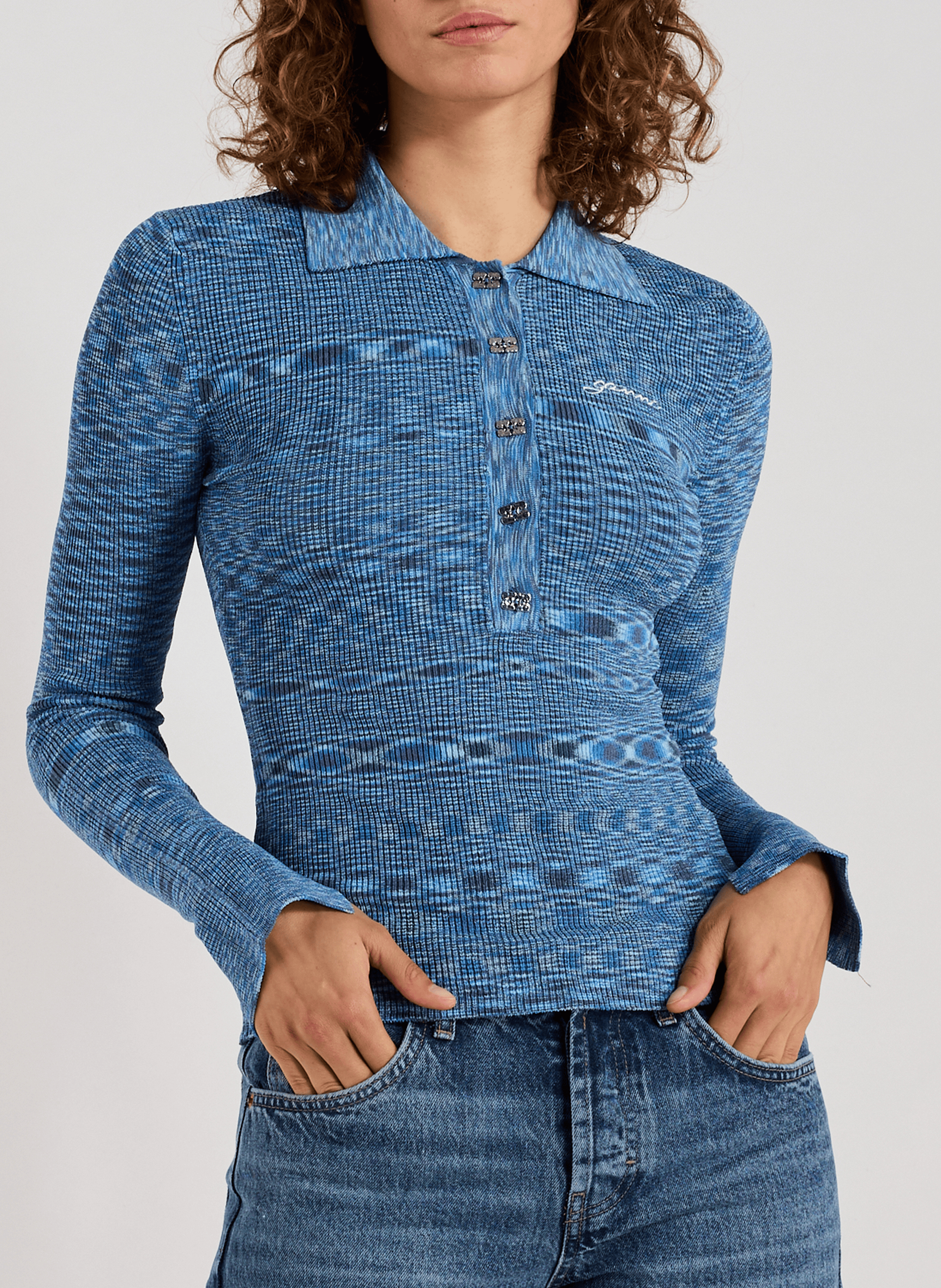 GANNI Polo manches longues imprimé Bleu