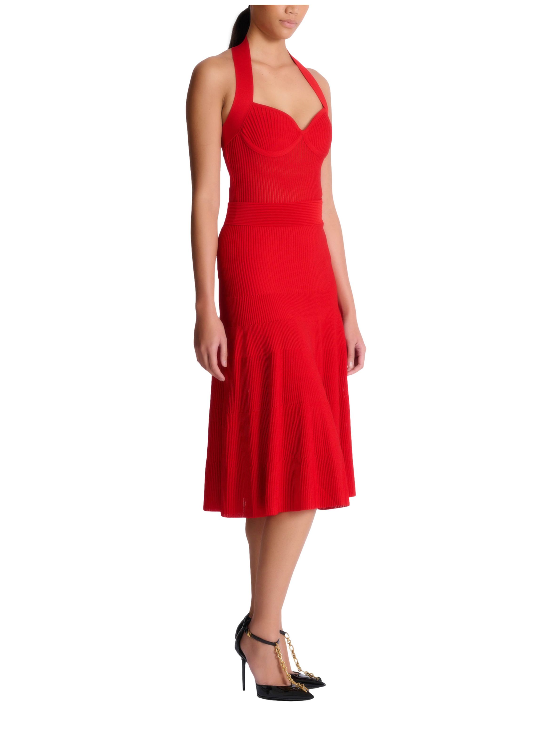 Robe midi plissée sans manche en maille BALMAIN Rouge