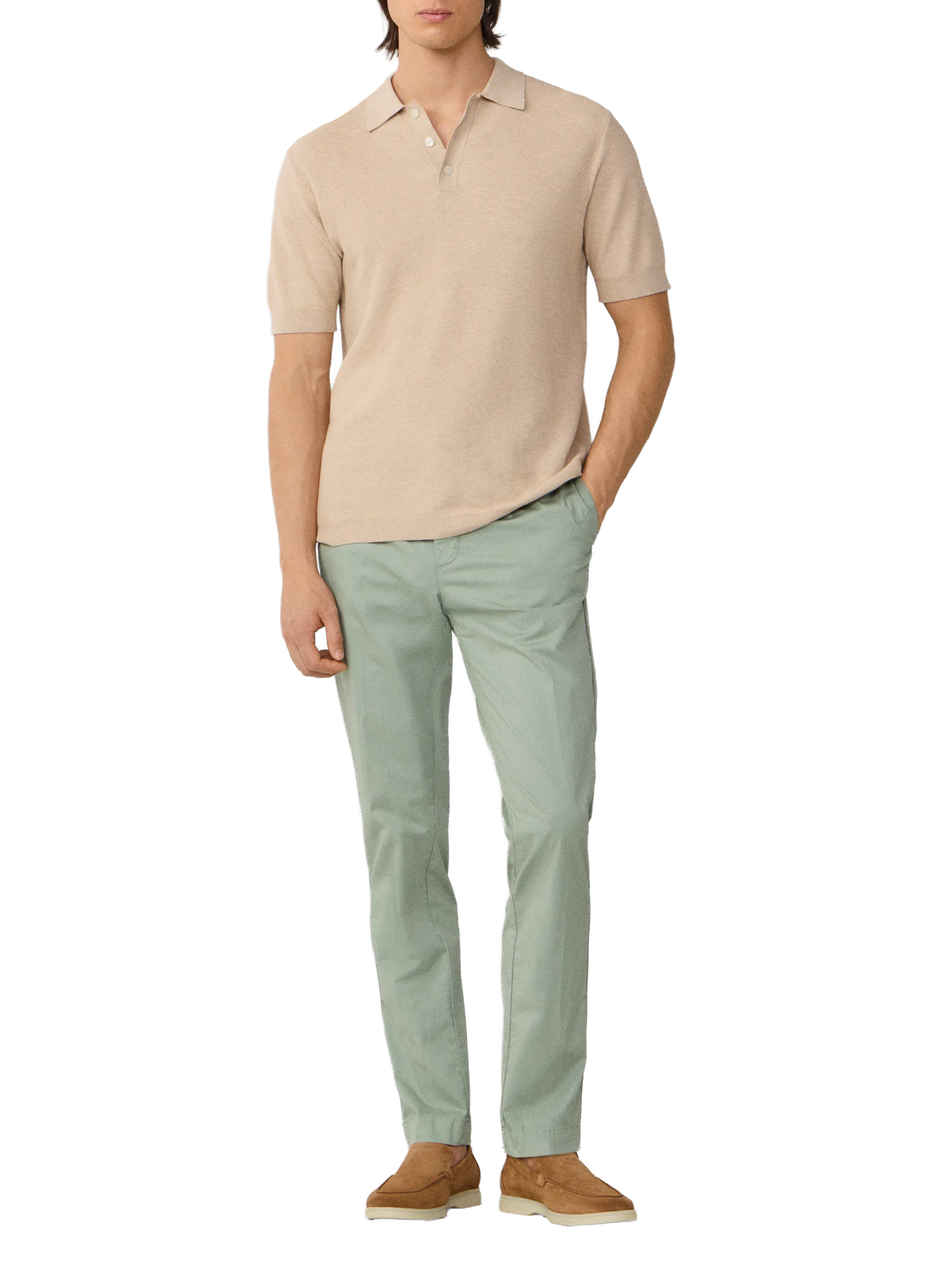 Short-sleeved polo in piqué cotton and cashmere Beige