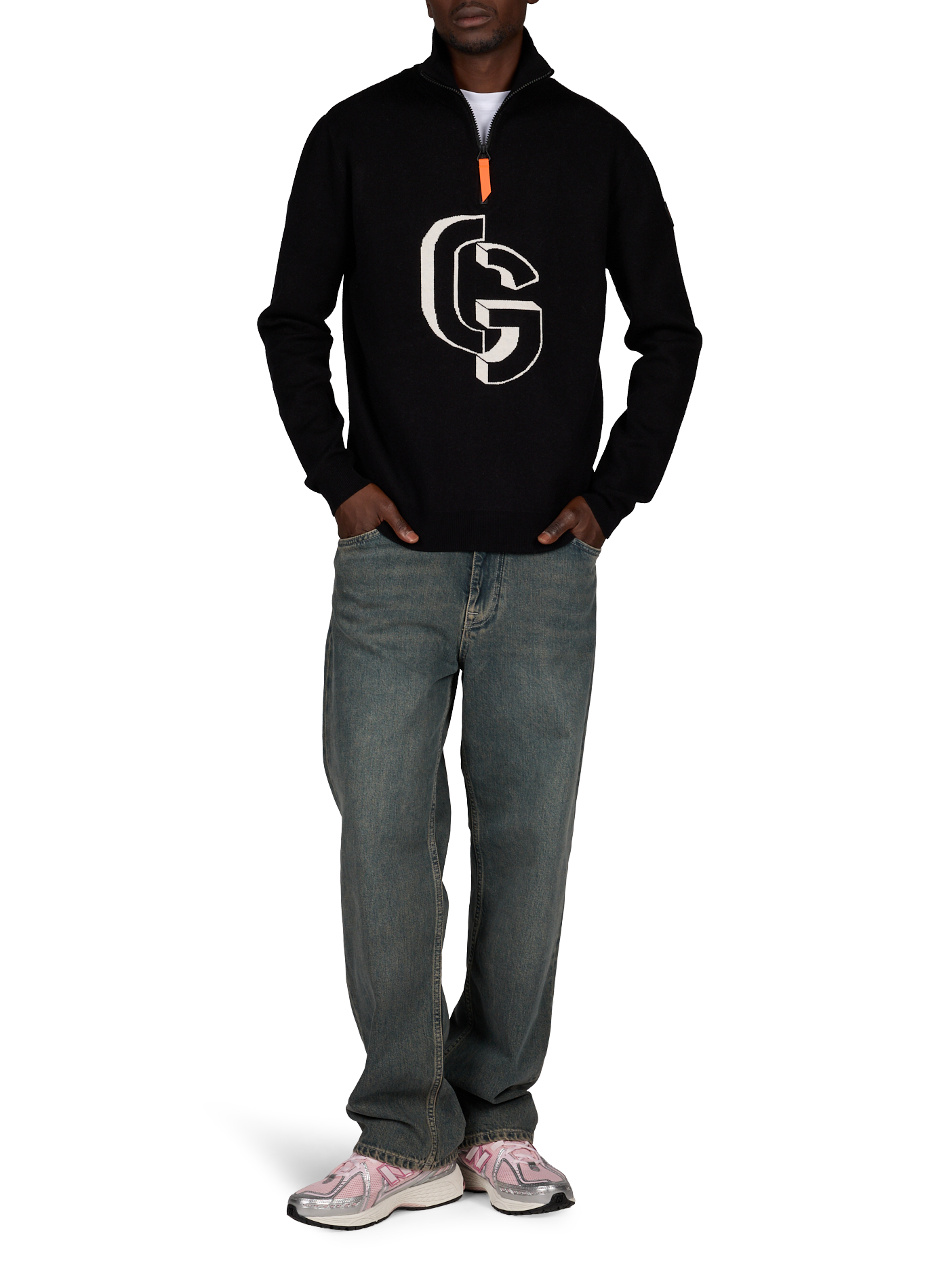Straight-cut sweater with high collar and zippered pattern. GERTRUDE Black