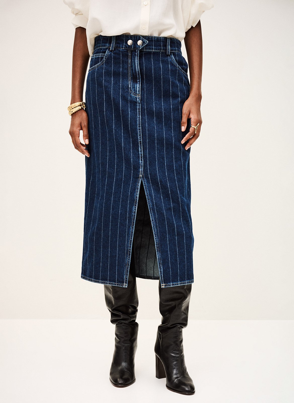 Jupe midi en coton rayé romy BA&SH Bleu