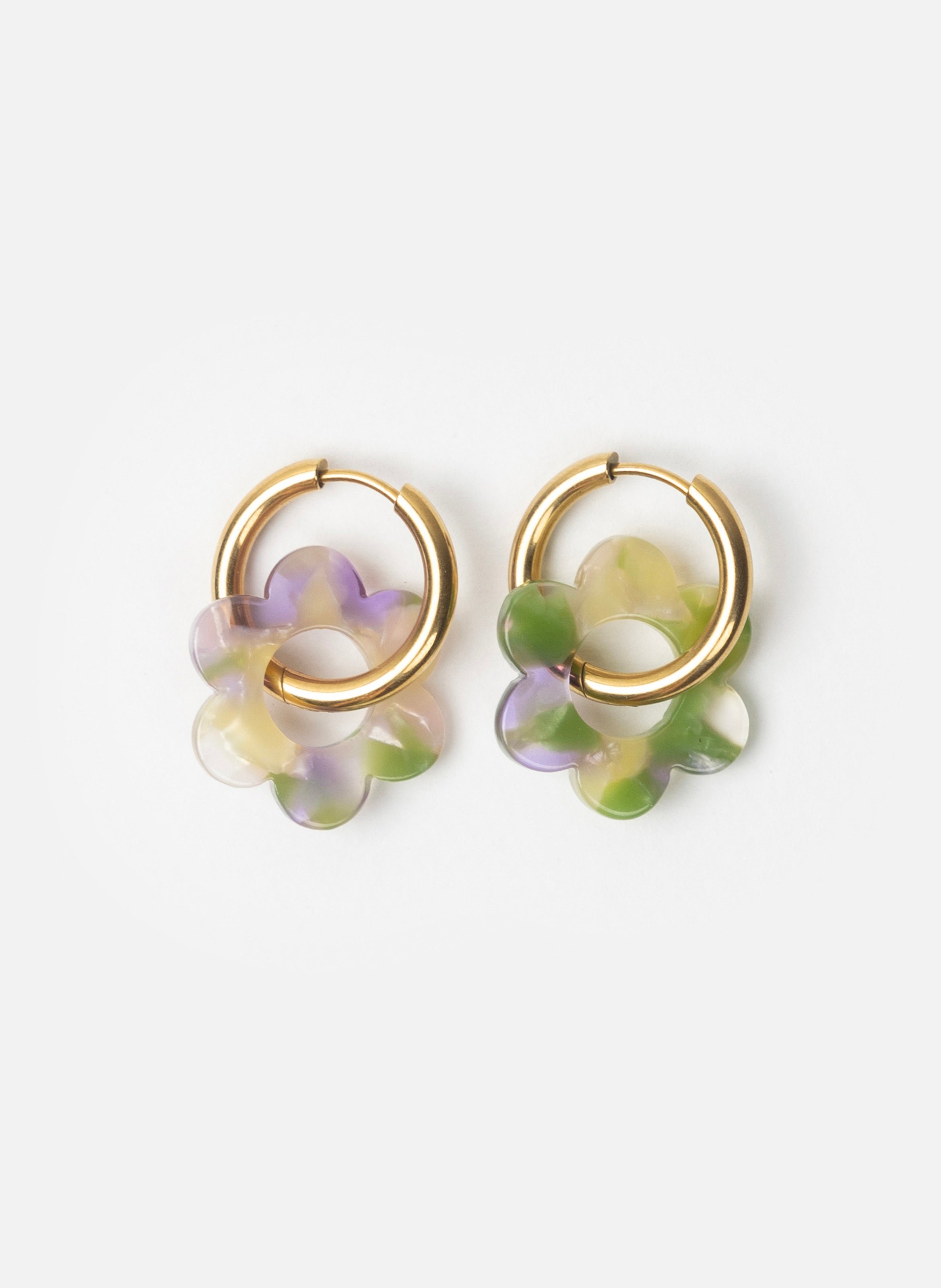 KURAGE GINZA Boucles d'oreilles baby fleurette avec anneaux en acier inoxydable doré Vert