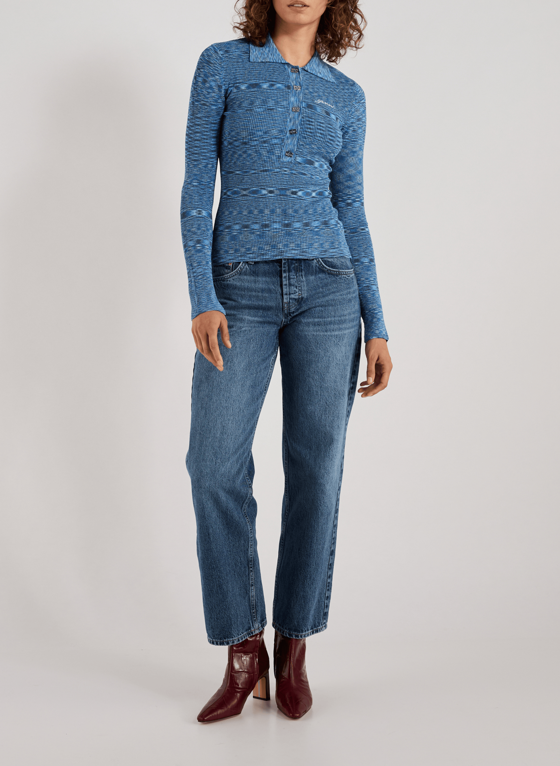 Printed long-sleeve polo GANNI Blue