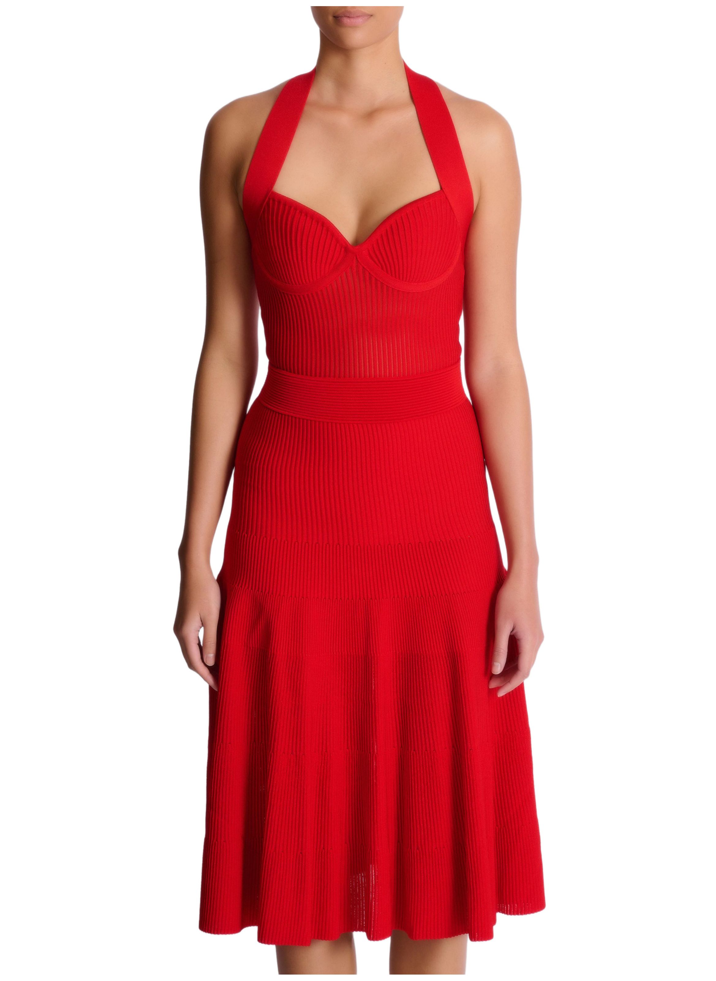 Robe midi plissée sans manche en maille BALMAIN Rouge