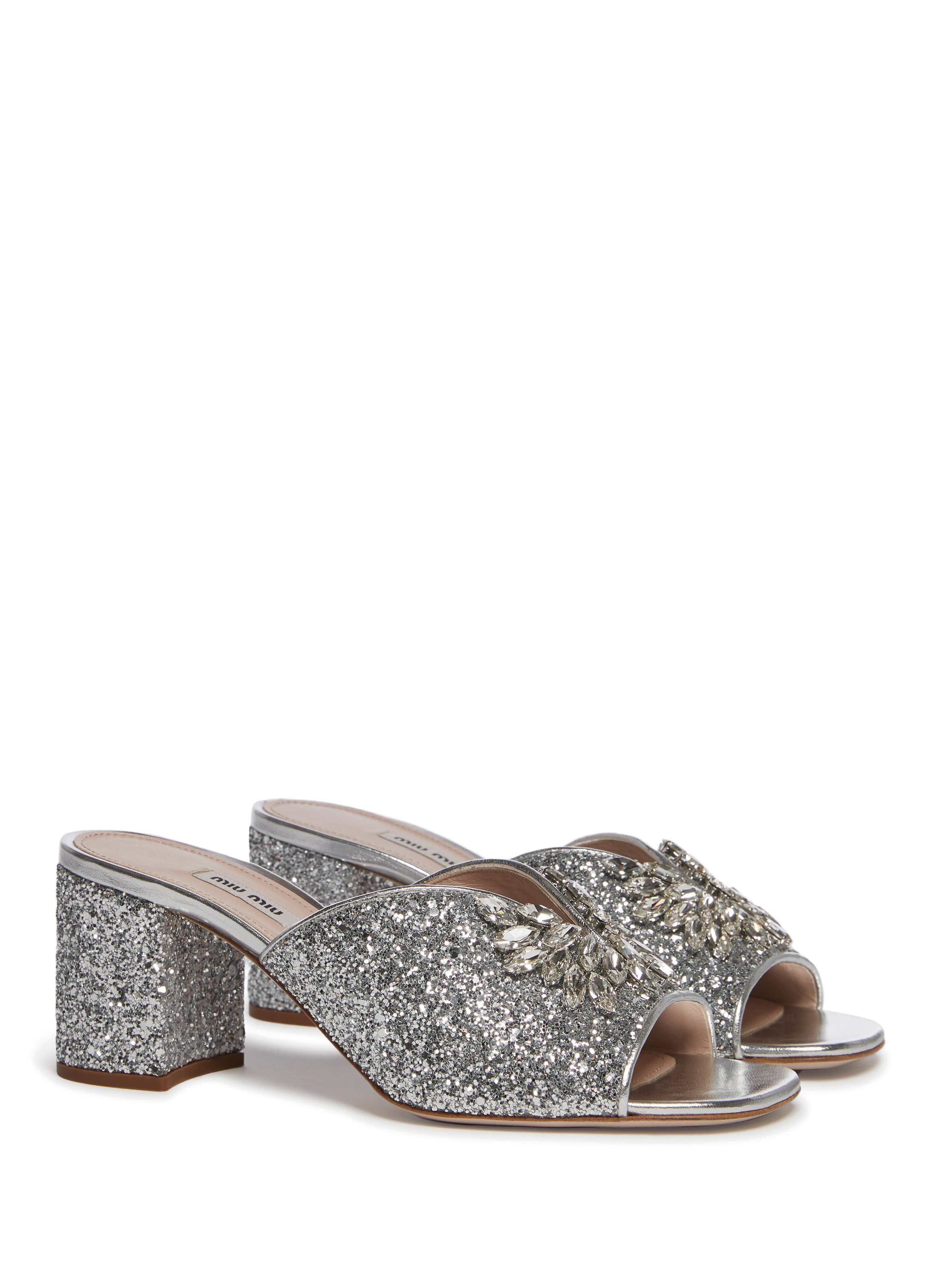Crystal-Embellished Glitter Mules MIU MIU Silver