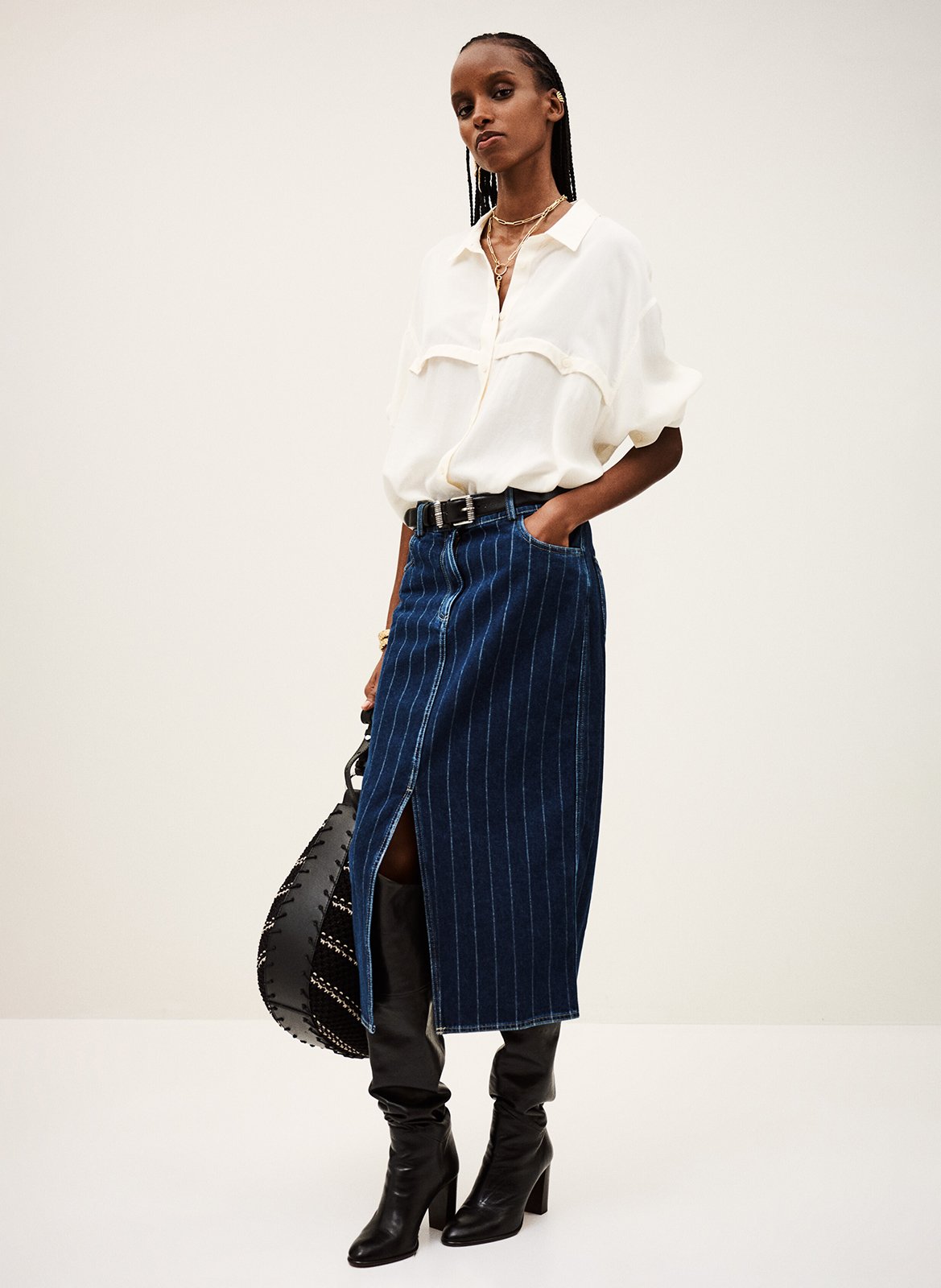 Jupe midi en coton rayé romy BA&SH Bleu