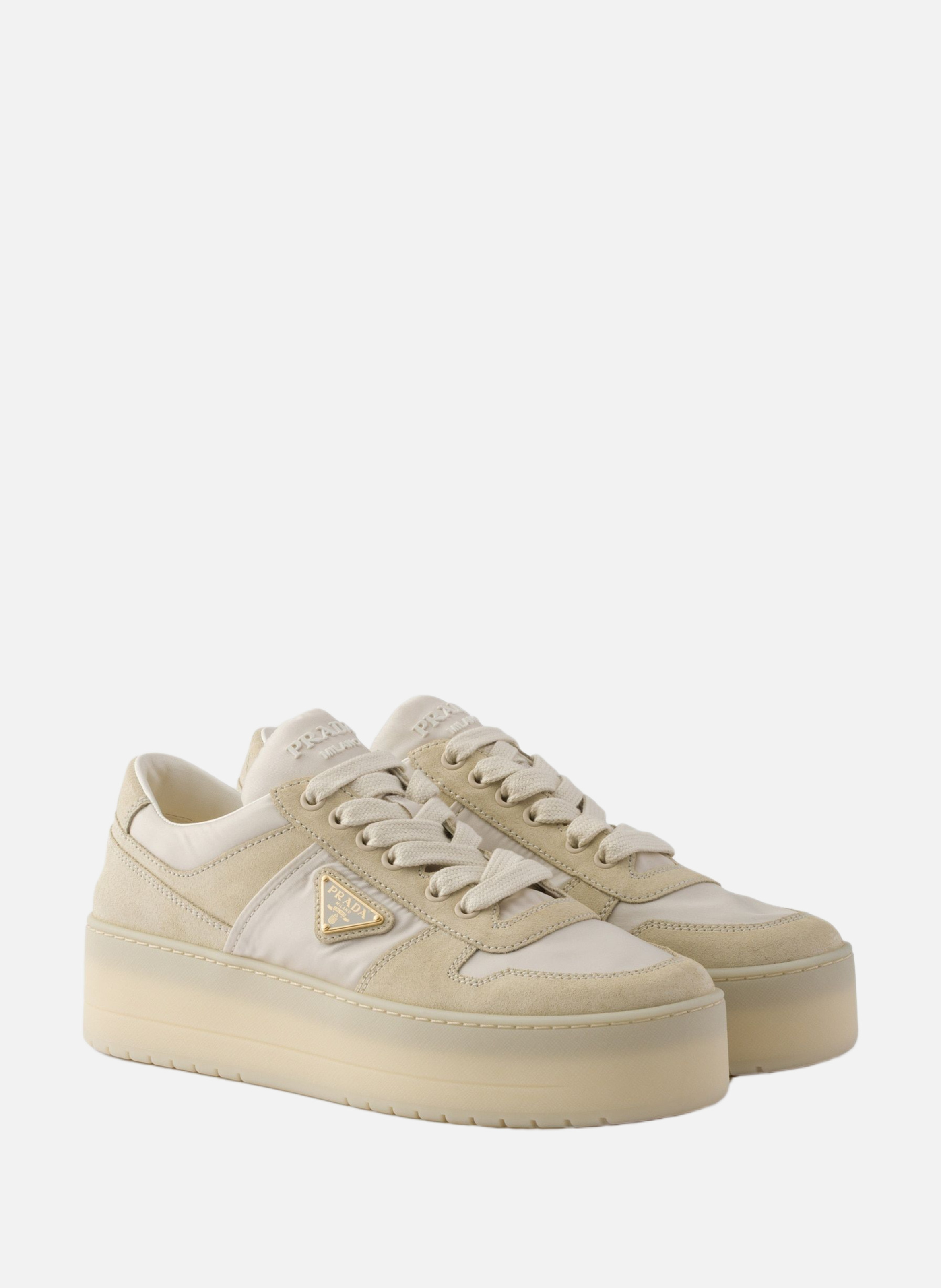 Baskets downtown bold en re-nylon et en daim PRADA Beige