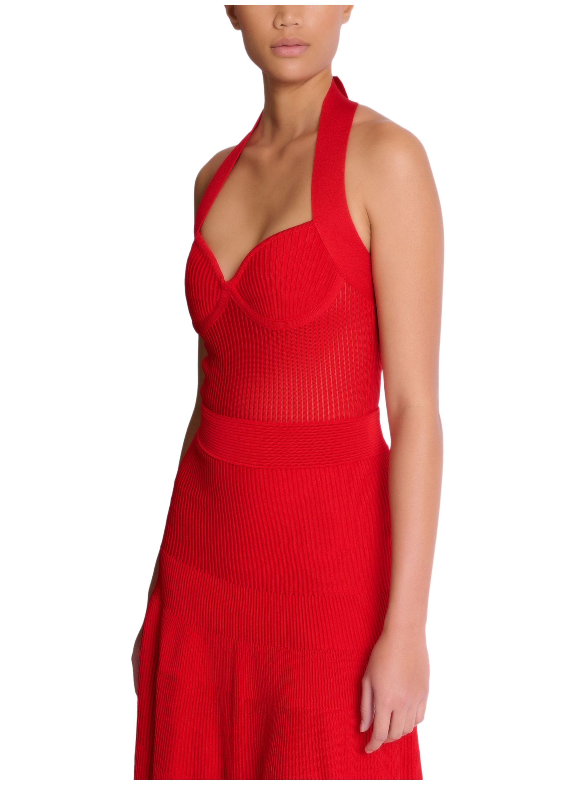 Robe midi plissée sans manche en maille BALMAIN Rouge