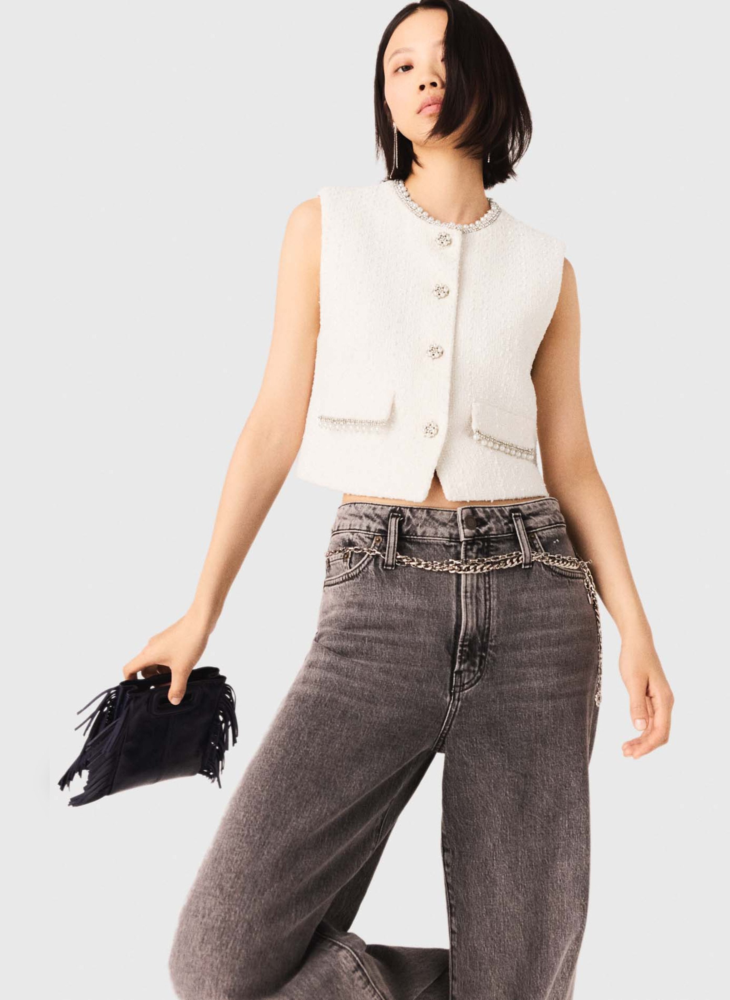 Gilet col rond en coton mélangé MAJE Beige