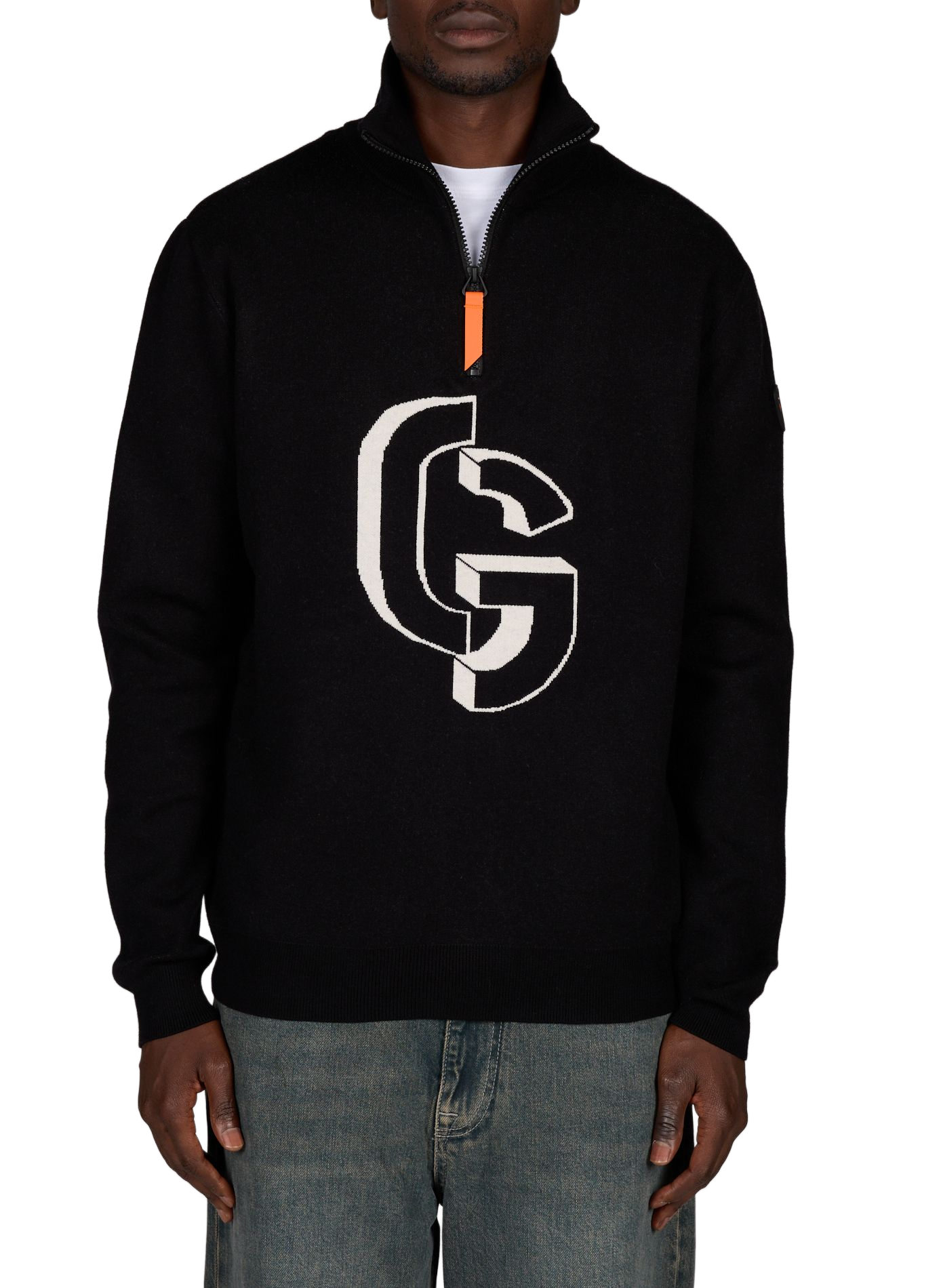 Straight-cut sweater with high collar and zippered pattern. GERTRUDE Black