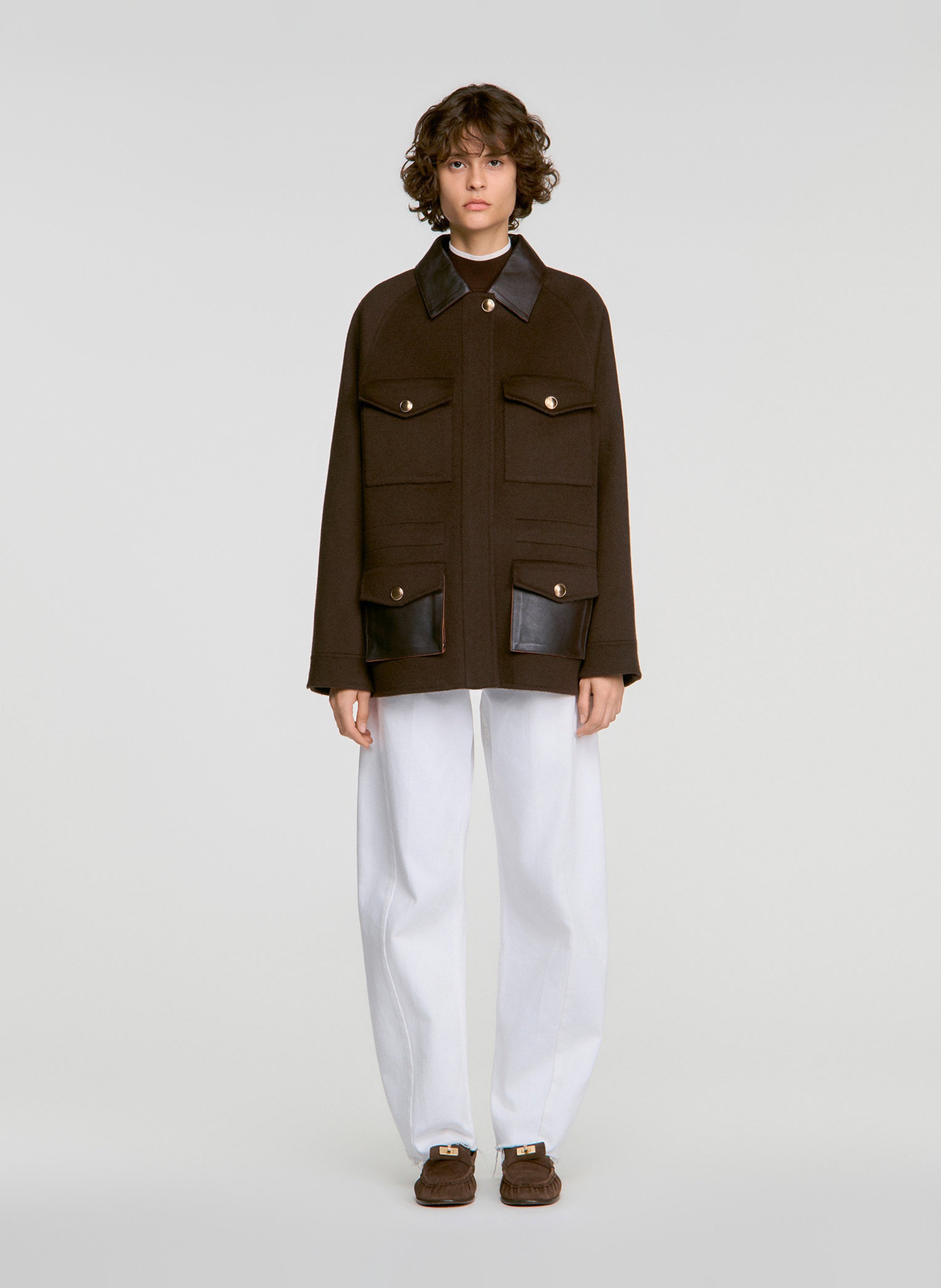 Manteau col classique en laine SANDRO Marron