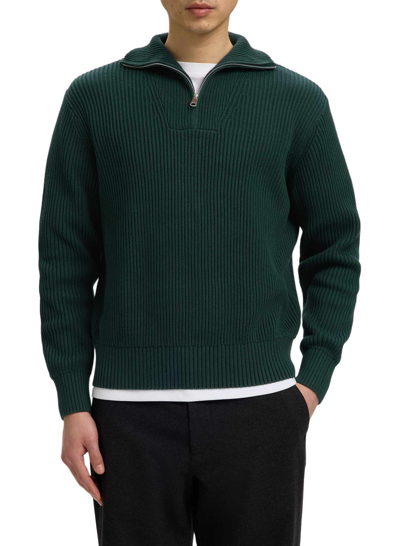 Ribbed cotton high-neck sweater SELECTED Green