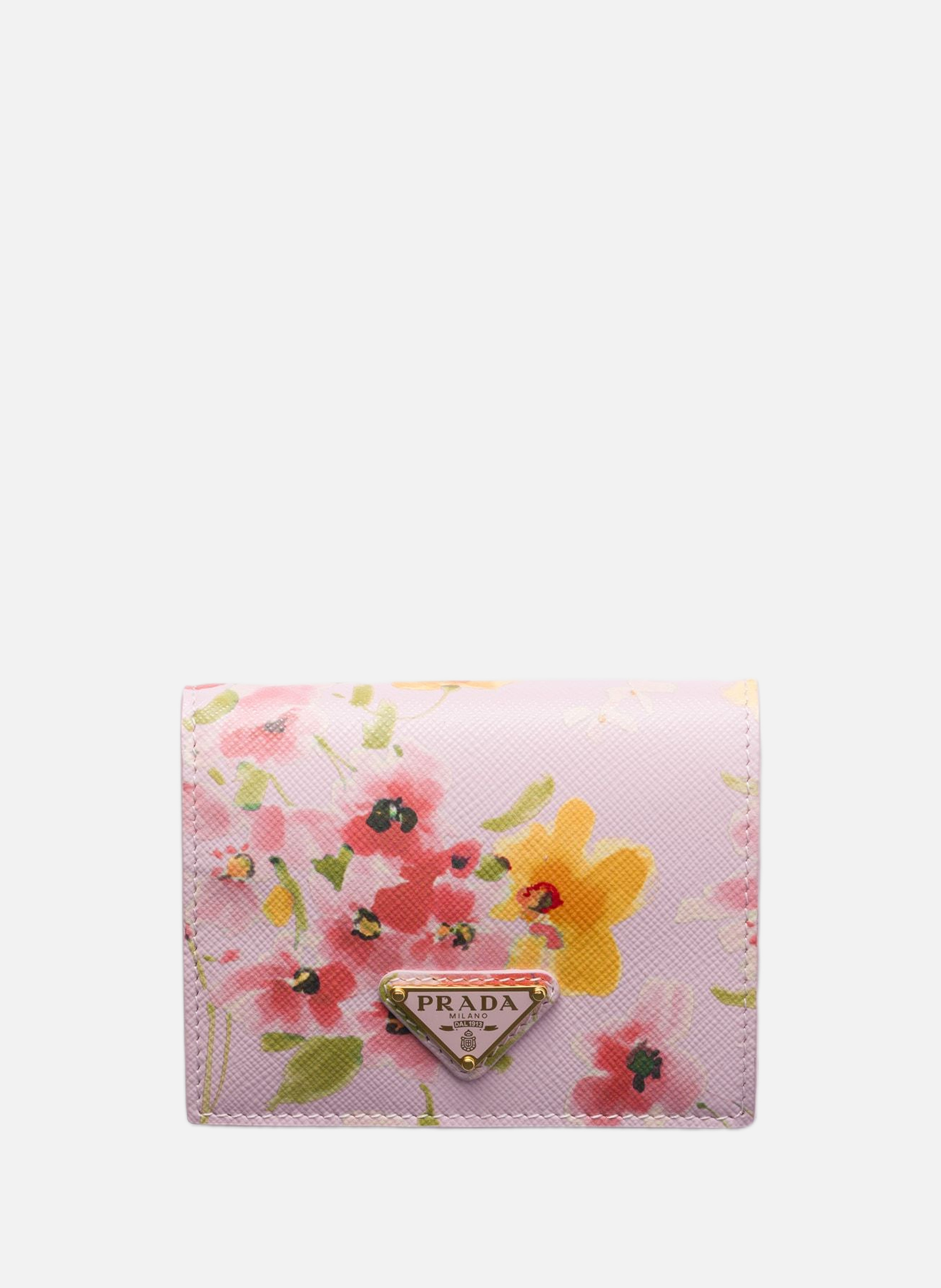 Petit portefeuille en cuir saffiano à imprimé flor PRADA Rose