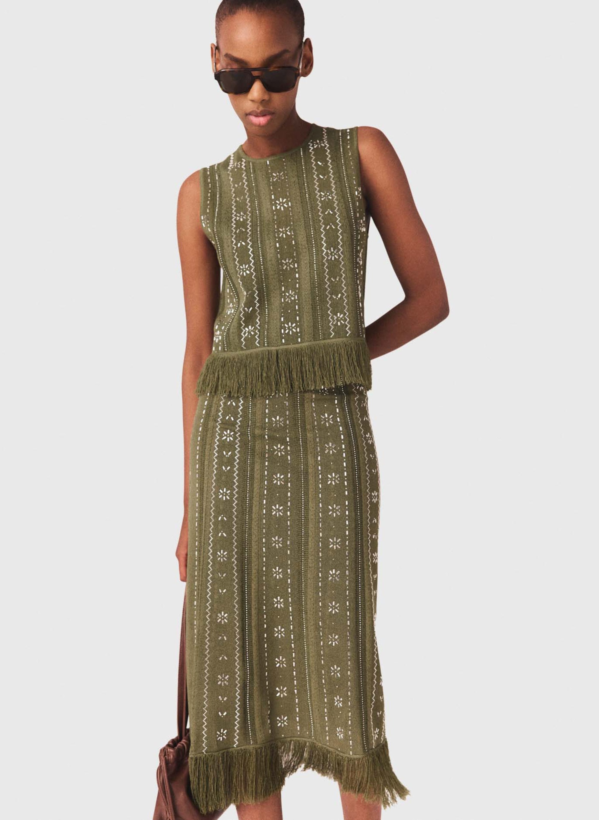 Jupe en maille avec fleurs strassé MAJE Kaki