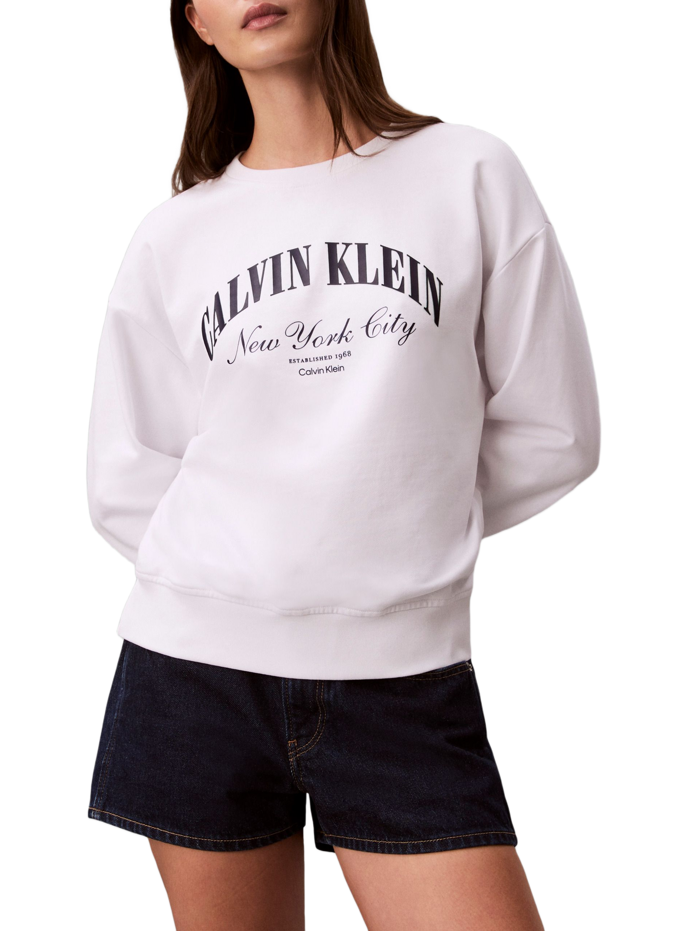 Pull imprimé à col rond en coton CALVIN KLEIN Blanc